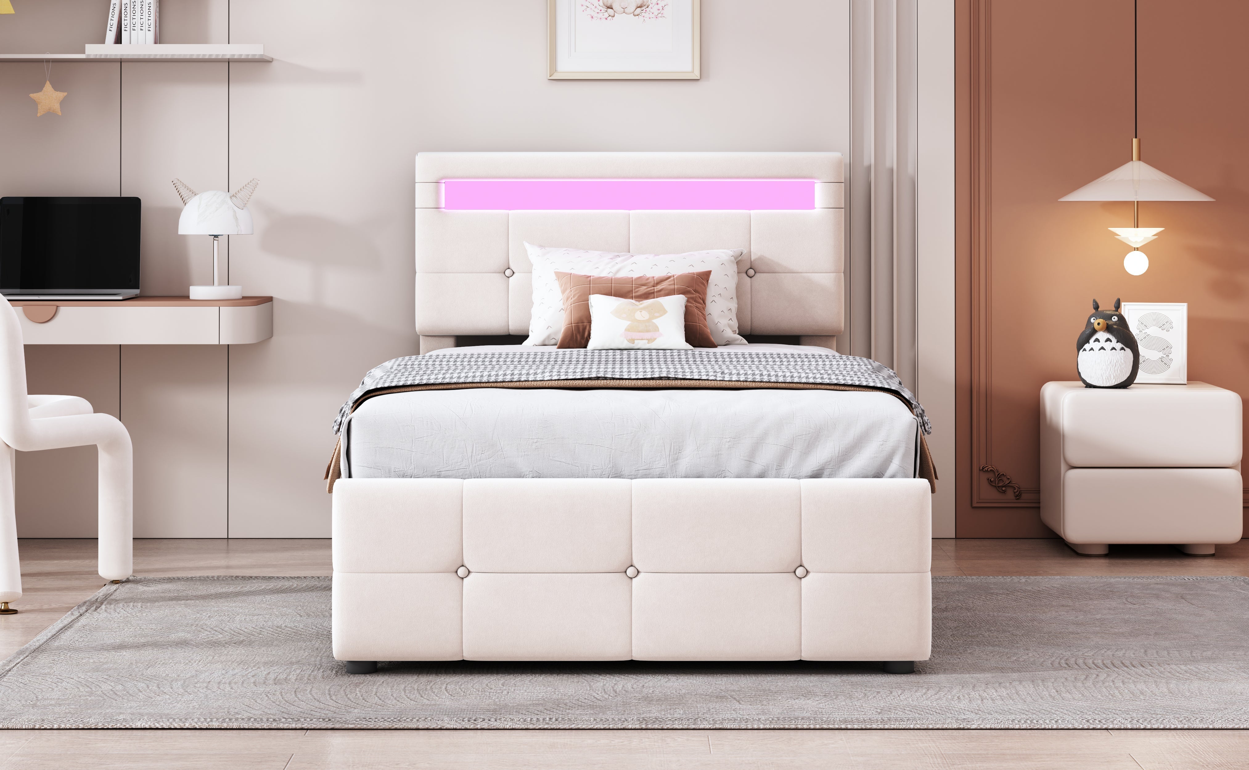 Upholstered Children's Bed with LED Lighting and Hydraulic Storage, Velvet Beige/Grey