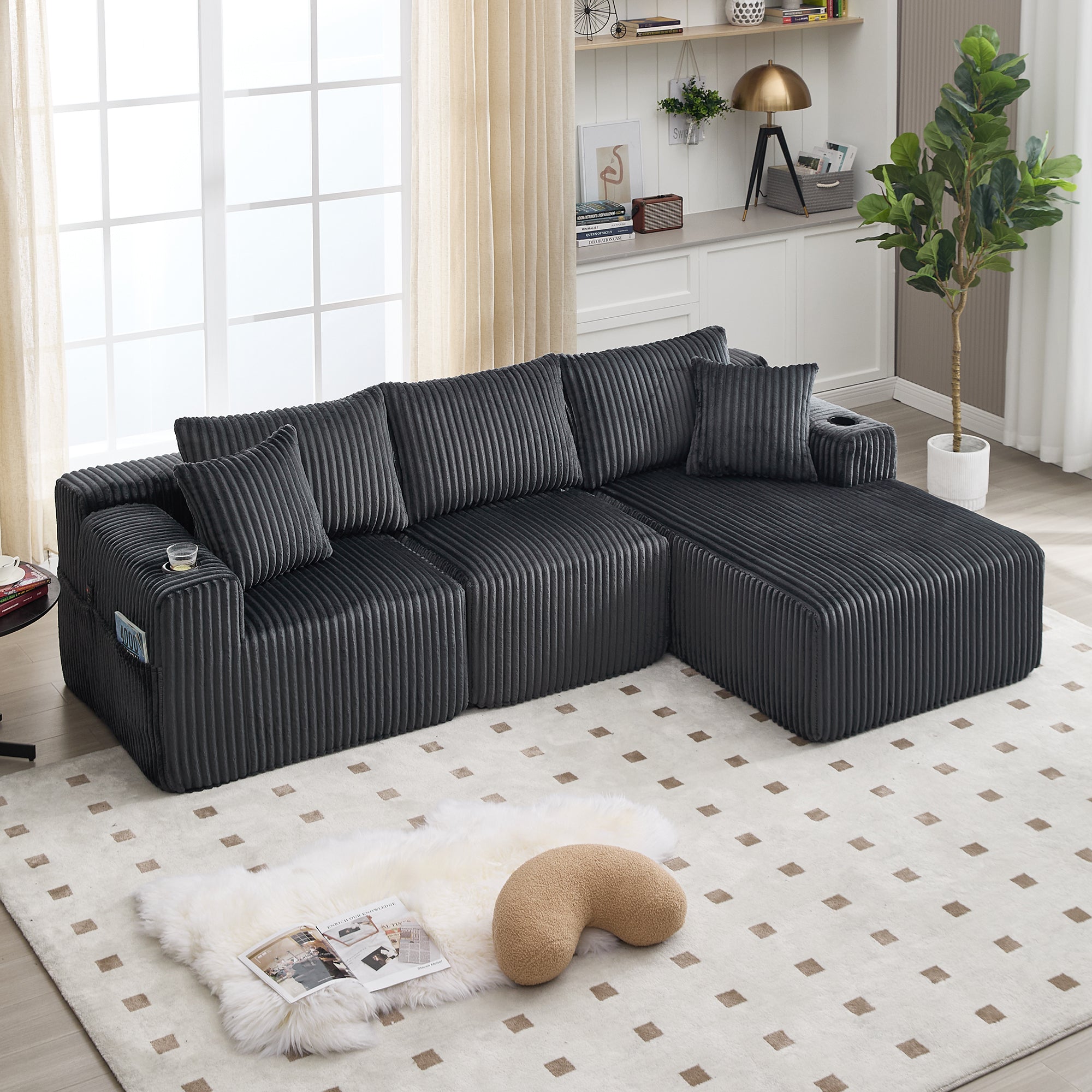 Modular Sofa Set Chaise 2-Seater Side Pockets Corduroy