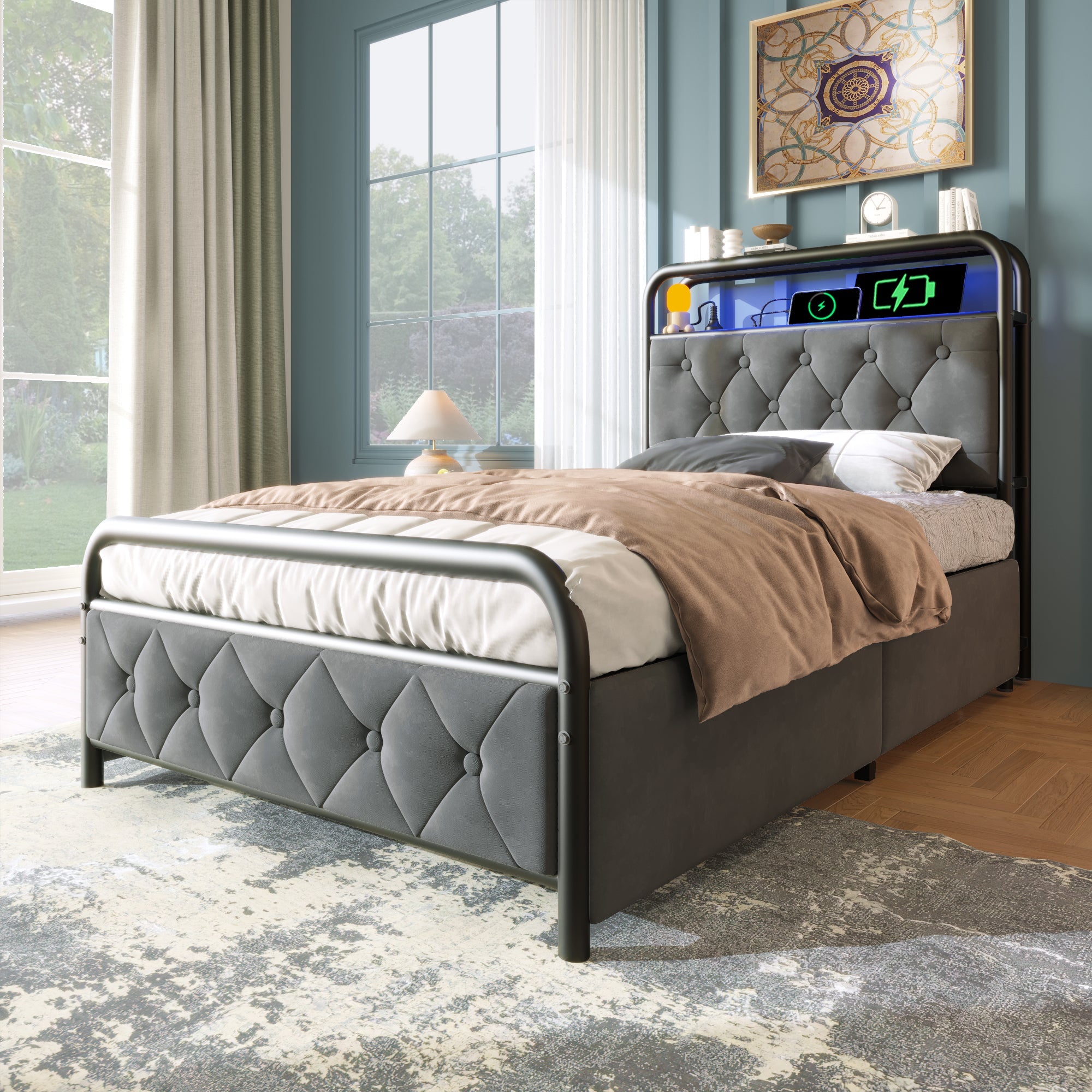 Upholstered Single Bed with USB Type C, LED & 2 Drawers, 90x200, Velvet