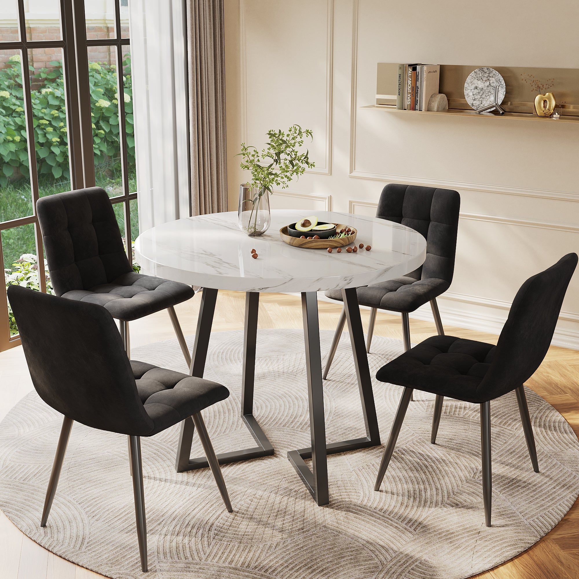 Dining Set 5-Piece Round Table Black Metal White MDF Black Velvet