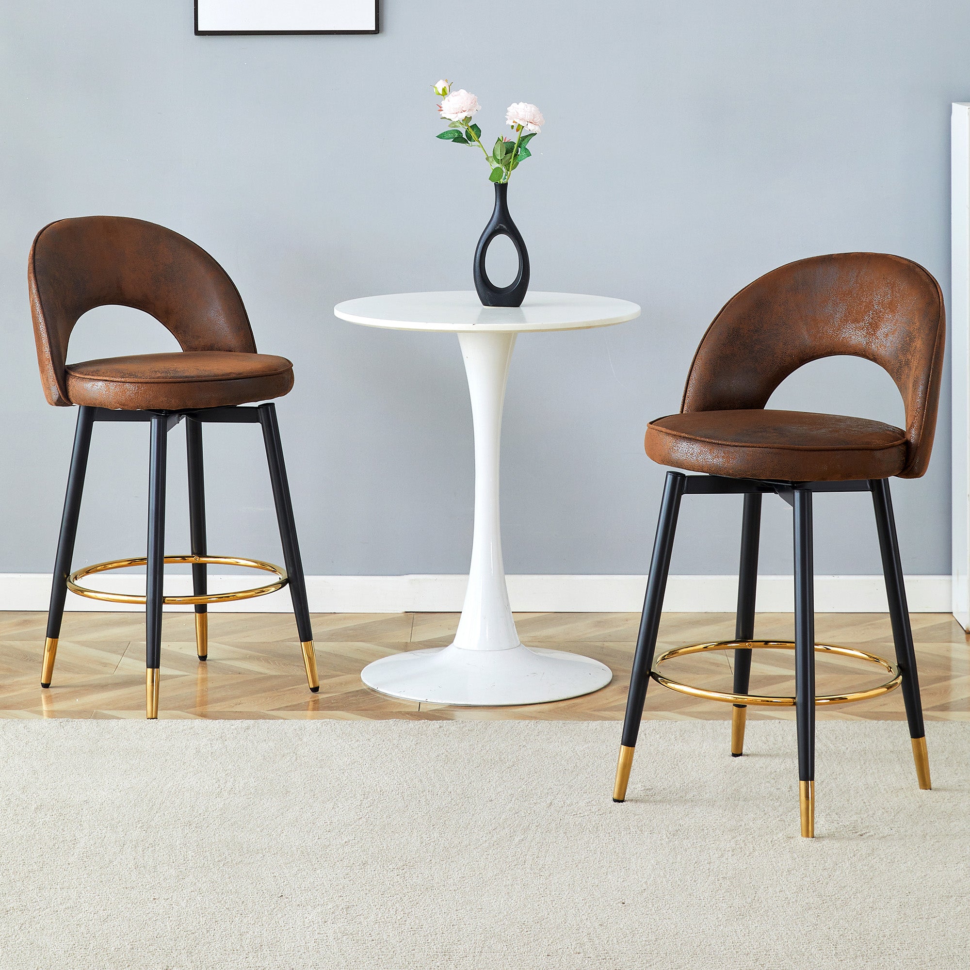 Bar Stool, 360° Swivel Padded Set of 2, Brown Technical Fabric