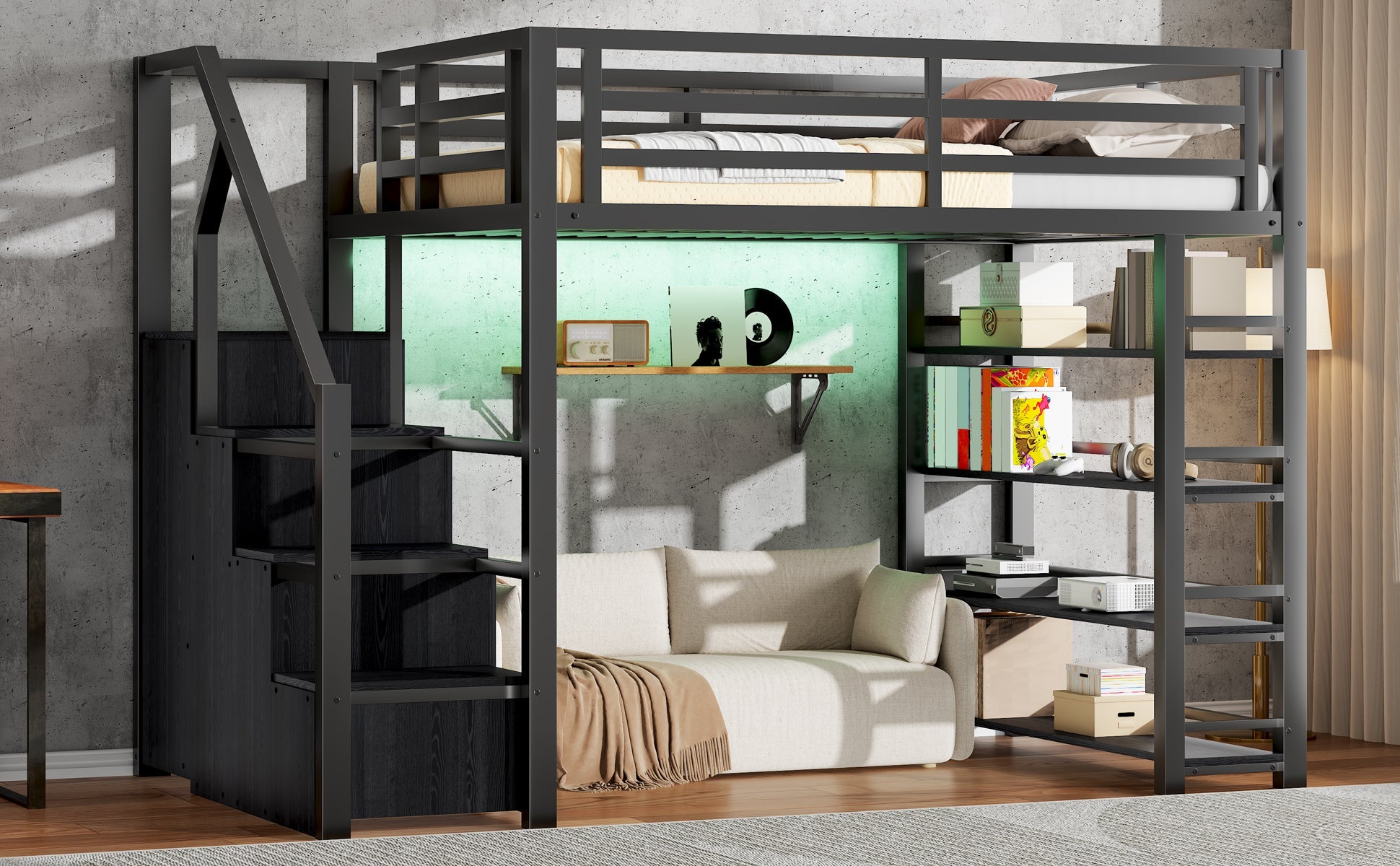 140x200 Metal Loft Bed with Wardrobe, Cabinets and LED Lighting, Black