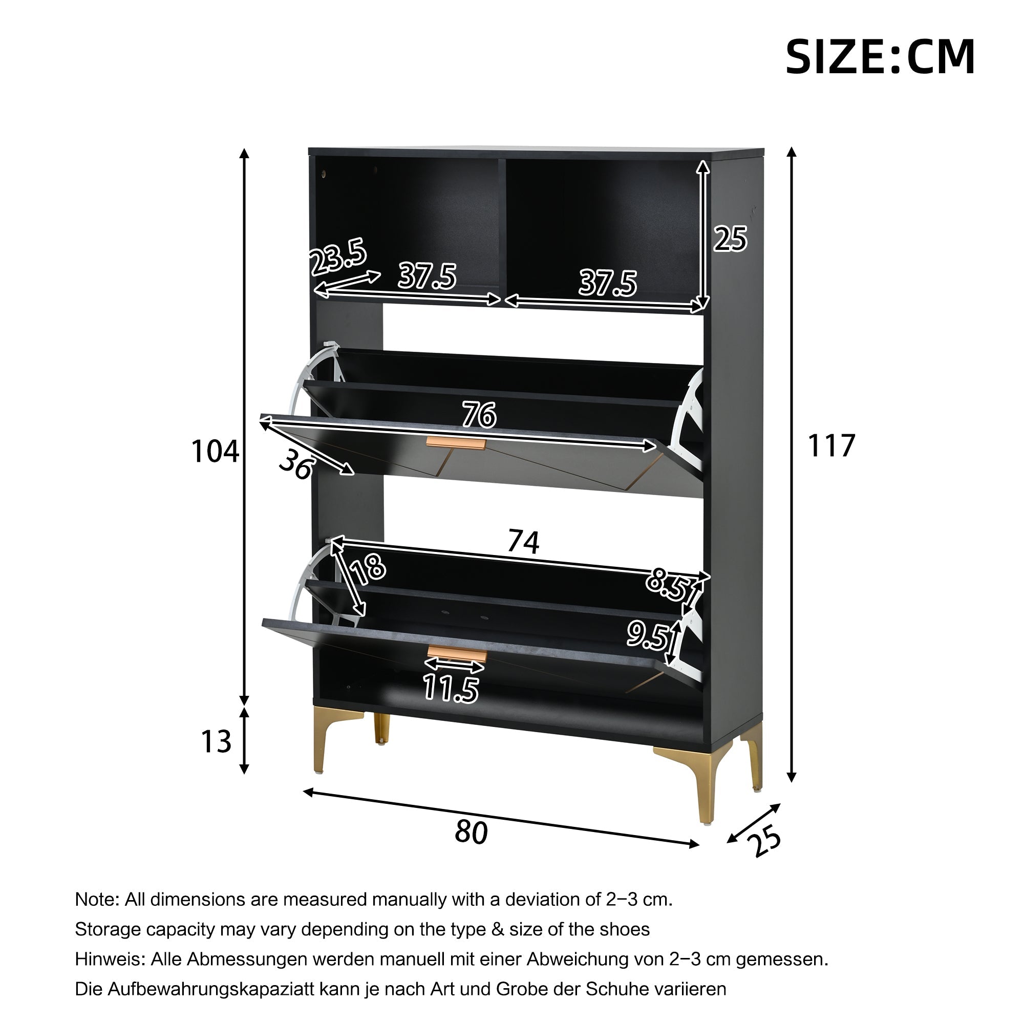 Shoe Cabinet 80x25x117cm Drop-Down Doors Storage Shelves Raised Legs, MDF+Metal