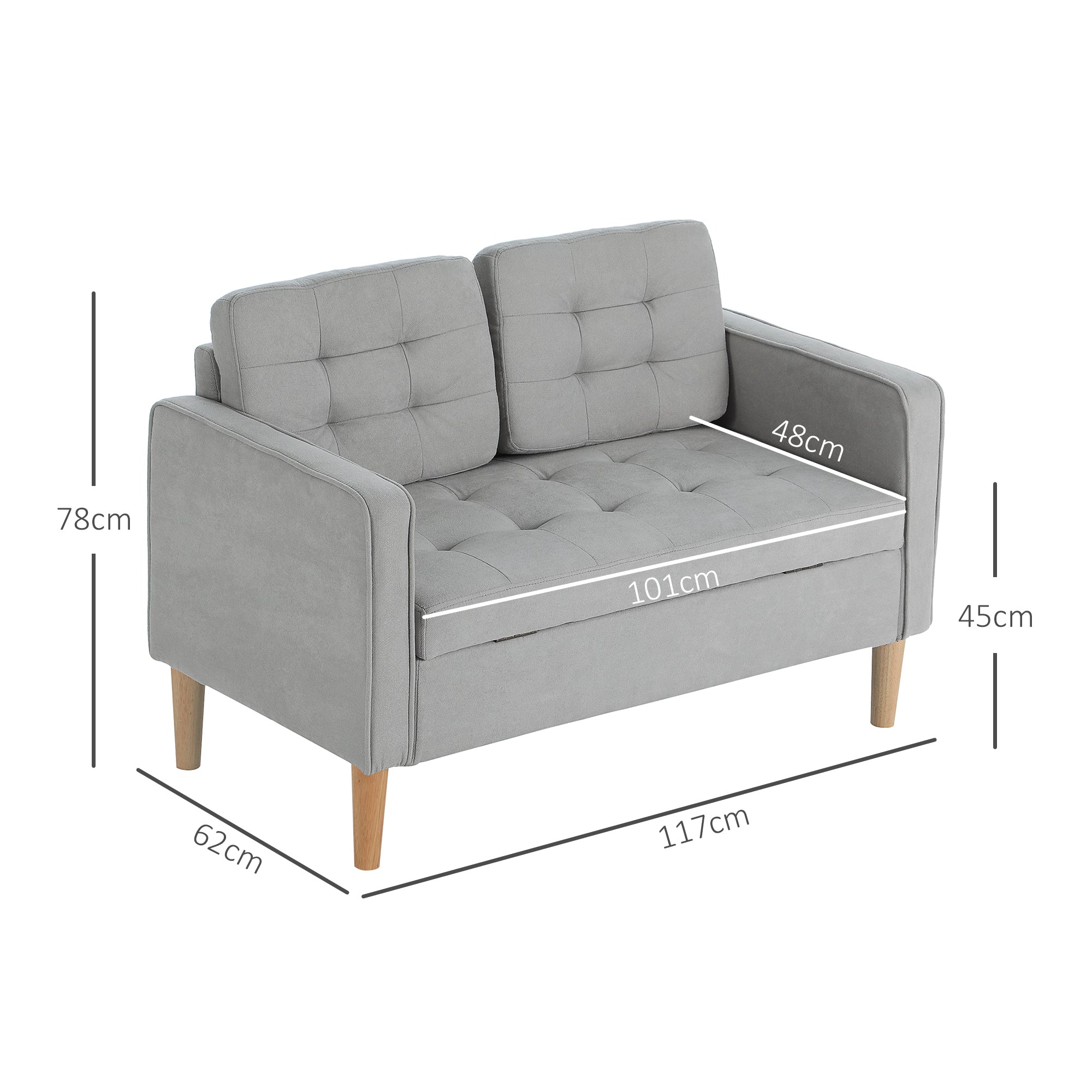 2-Seater Sofa with Storage, Upholstered Velvet Look, 117x62x78 cm