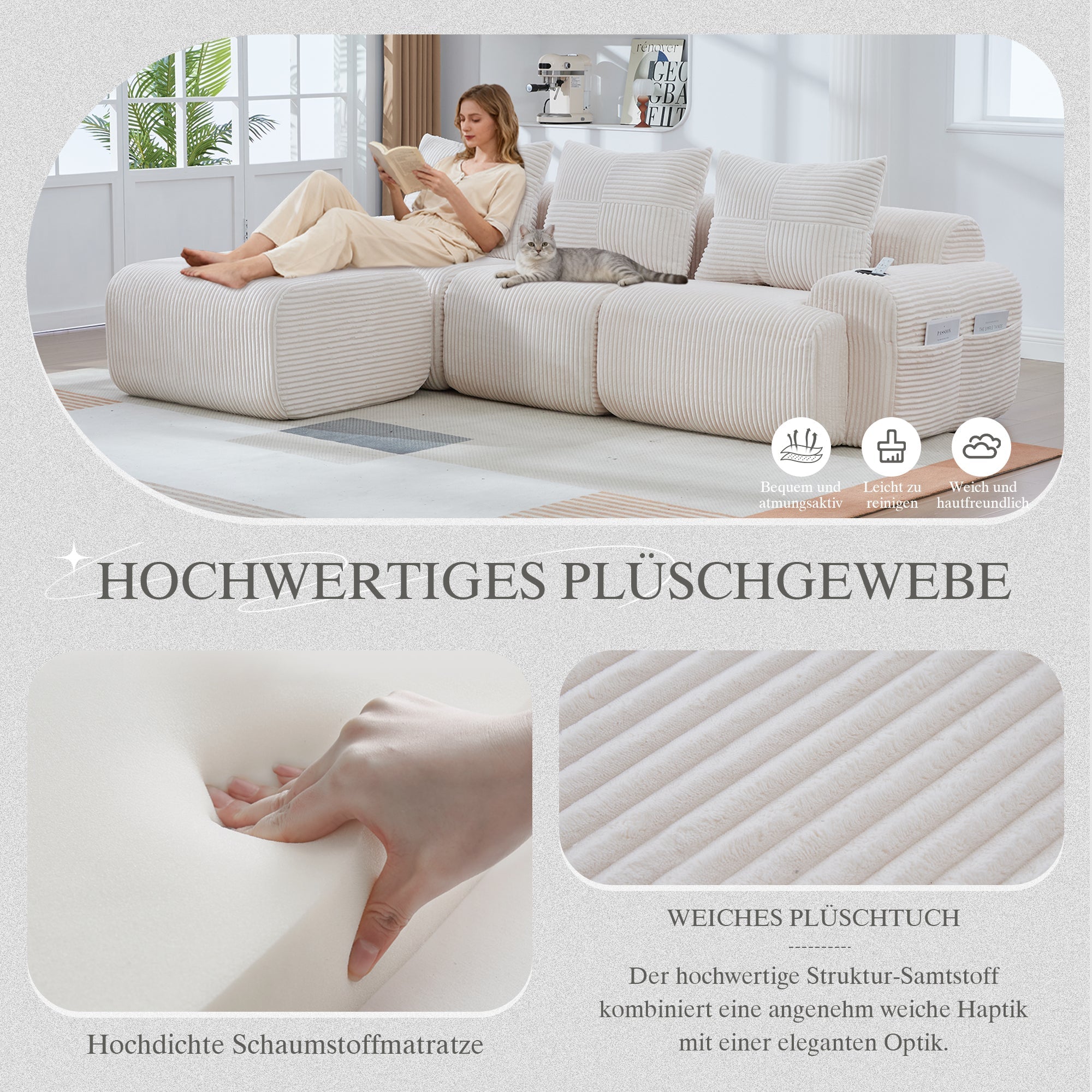 3-Seater Modular Corduroy Sofa with Ottomans, Cup Holders and Storage, Beige