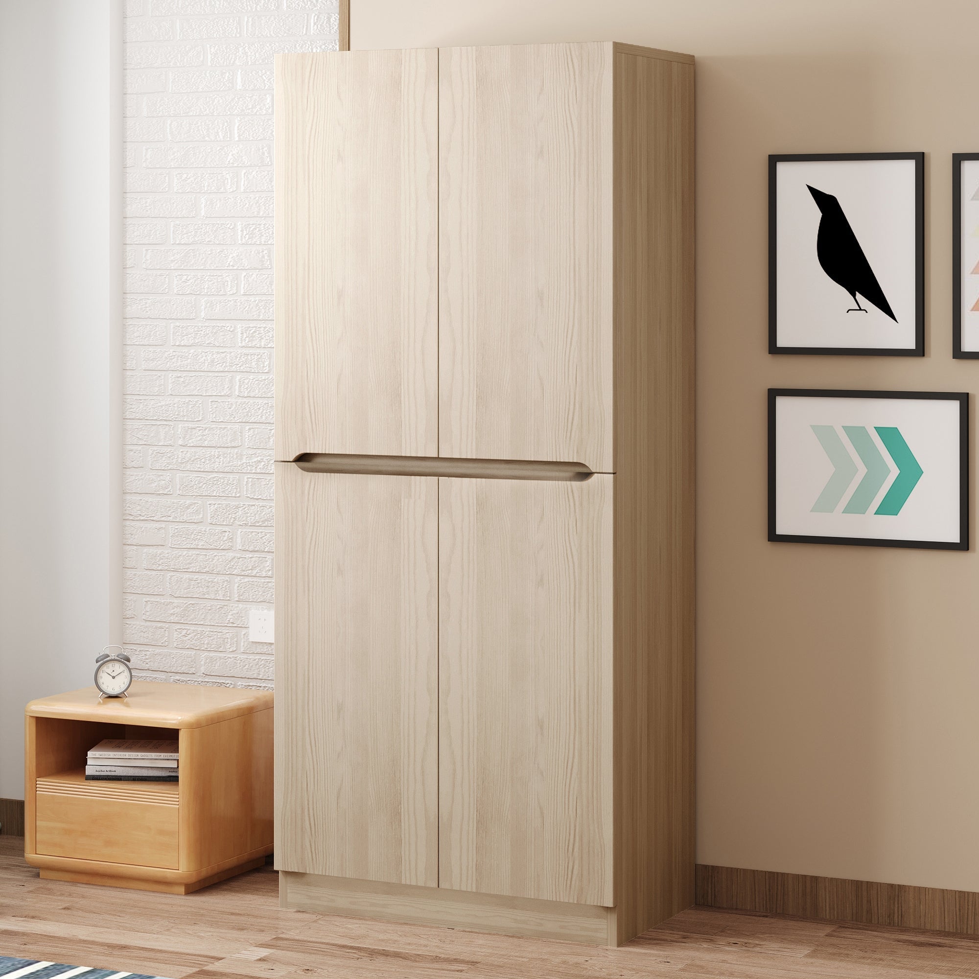 Wardrobe Double Door 70x40x170cm Storage Compartment, Wood Color