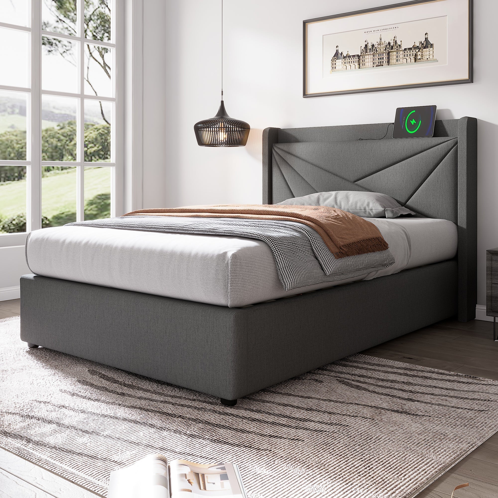 Upholstered Bed, Single Storage with USB Type C Headboard, Linen