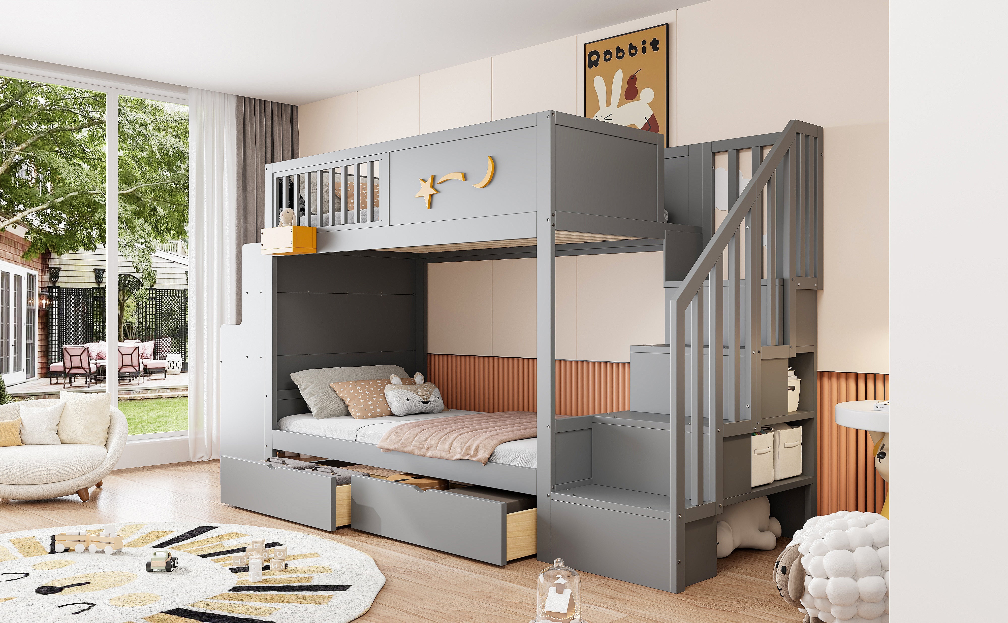 Bunk Bed with Desk, Storage Drawers and Star Motif, 90x200cm, Grey Pine Wood