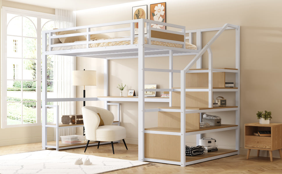 Metal Loft Bed 140x200 Storage Ladder Shelves Table, White