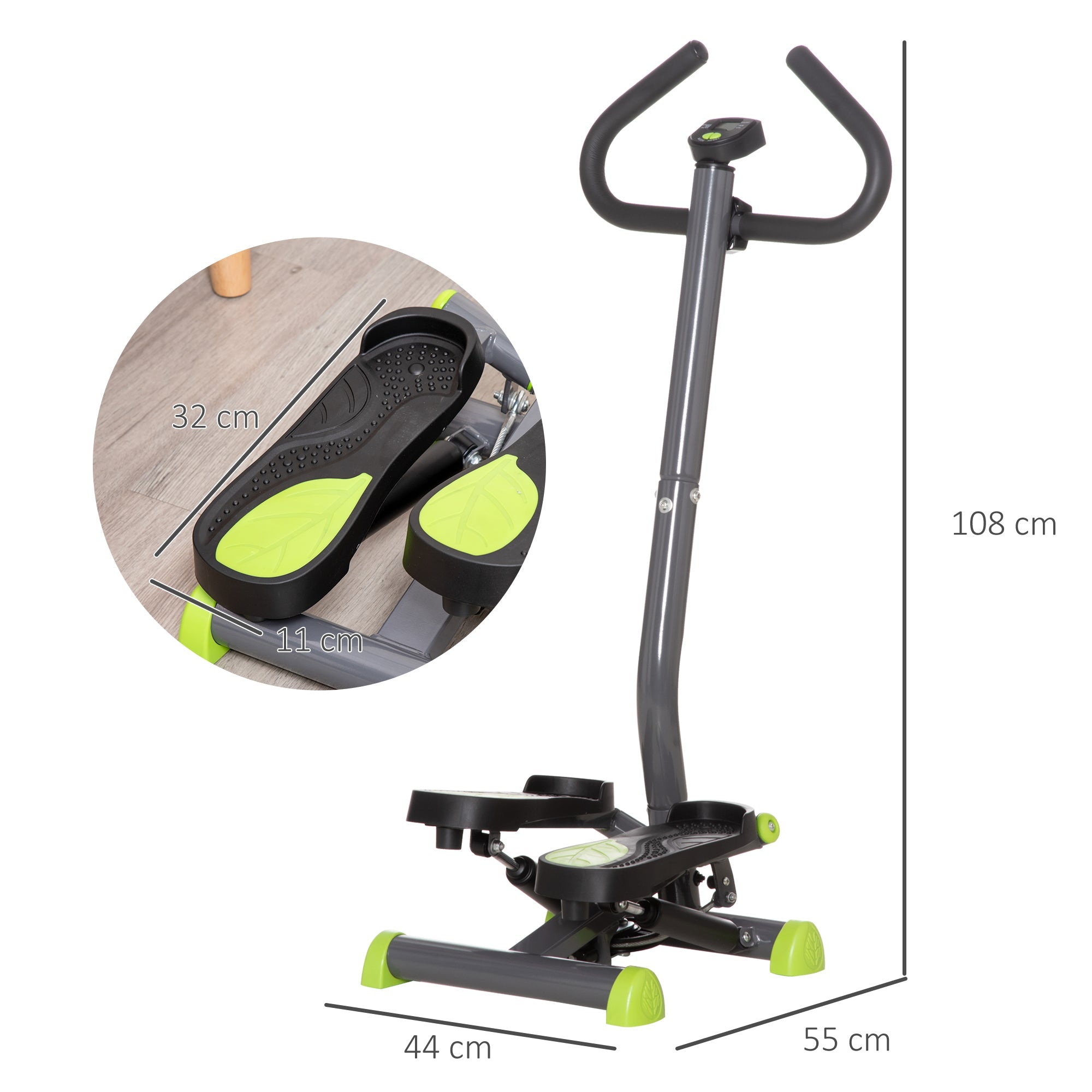 Home Trainer Stepper Fitness Swing Stepper LCD Display Handles 100kg Steel ABS Gray Green