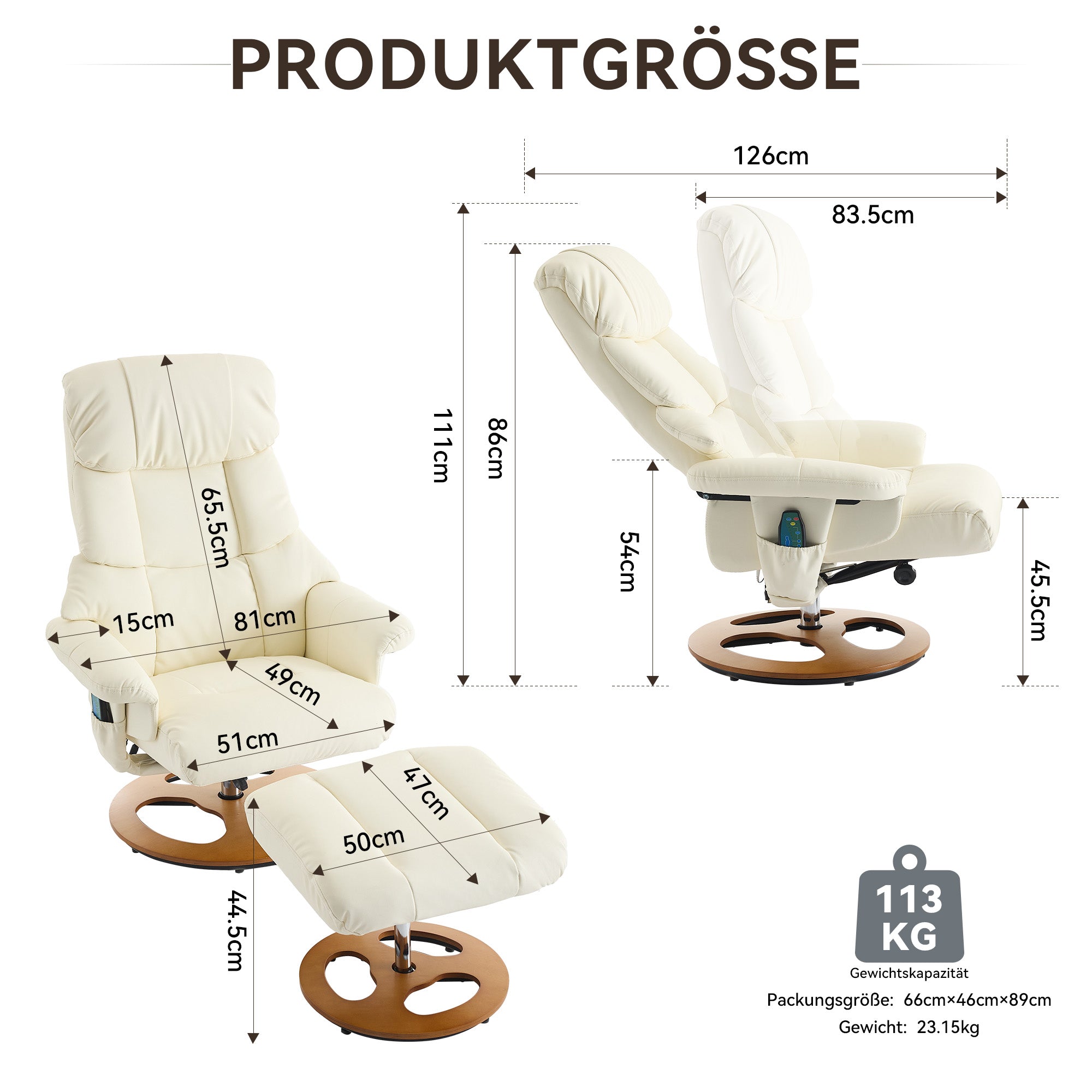 Recliner Chair with Massage, Heat, Reclining, Stool, 360° Rotatable, PU Fabric White