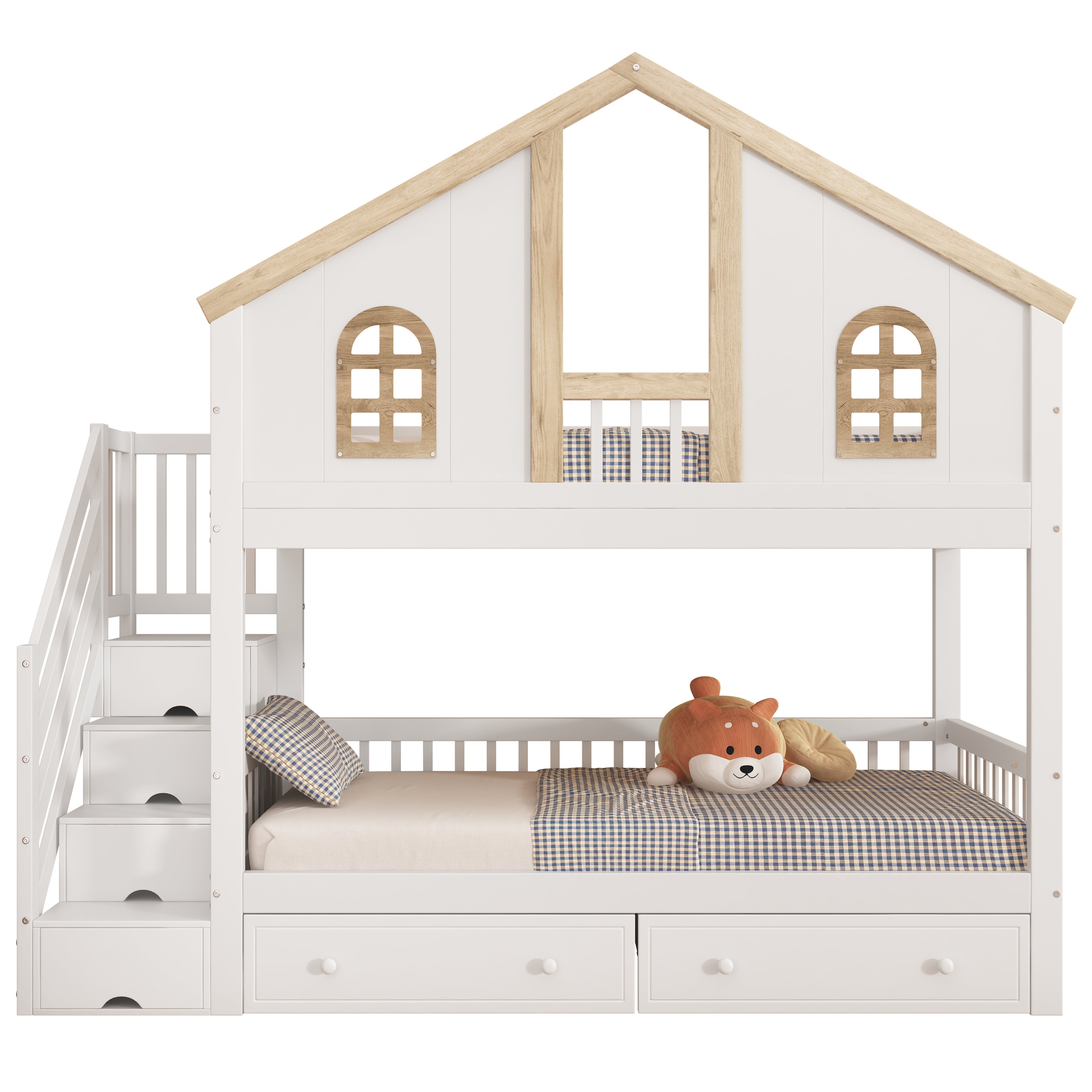 Bunk Bed, Children's with Safety Gate, Drawers & Storage Stairs, Pine+MDF, White+Natural