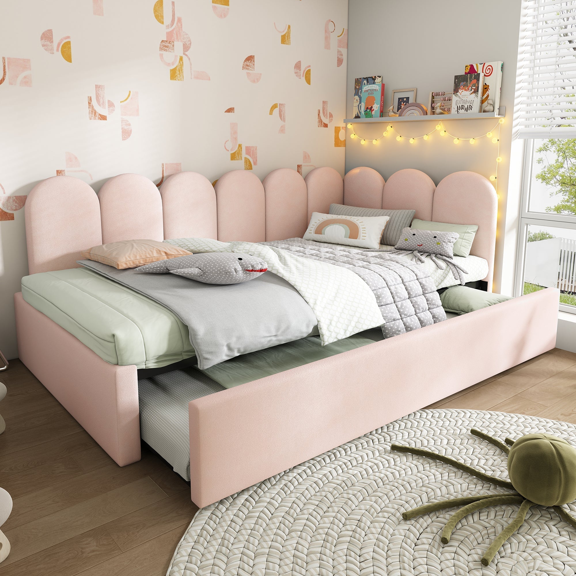 Upholstered Daybed Sofa Bed with Pull-out (90x200cm/90x190cm) Slatted Base, Velvet Pink