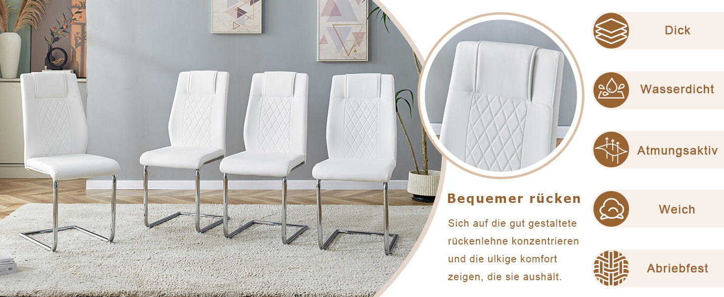 Scandinavian Dining Chairs Set of 4 Mesh Back Metal Legs - White PU