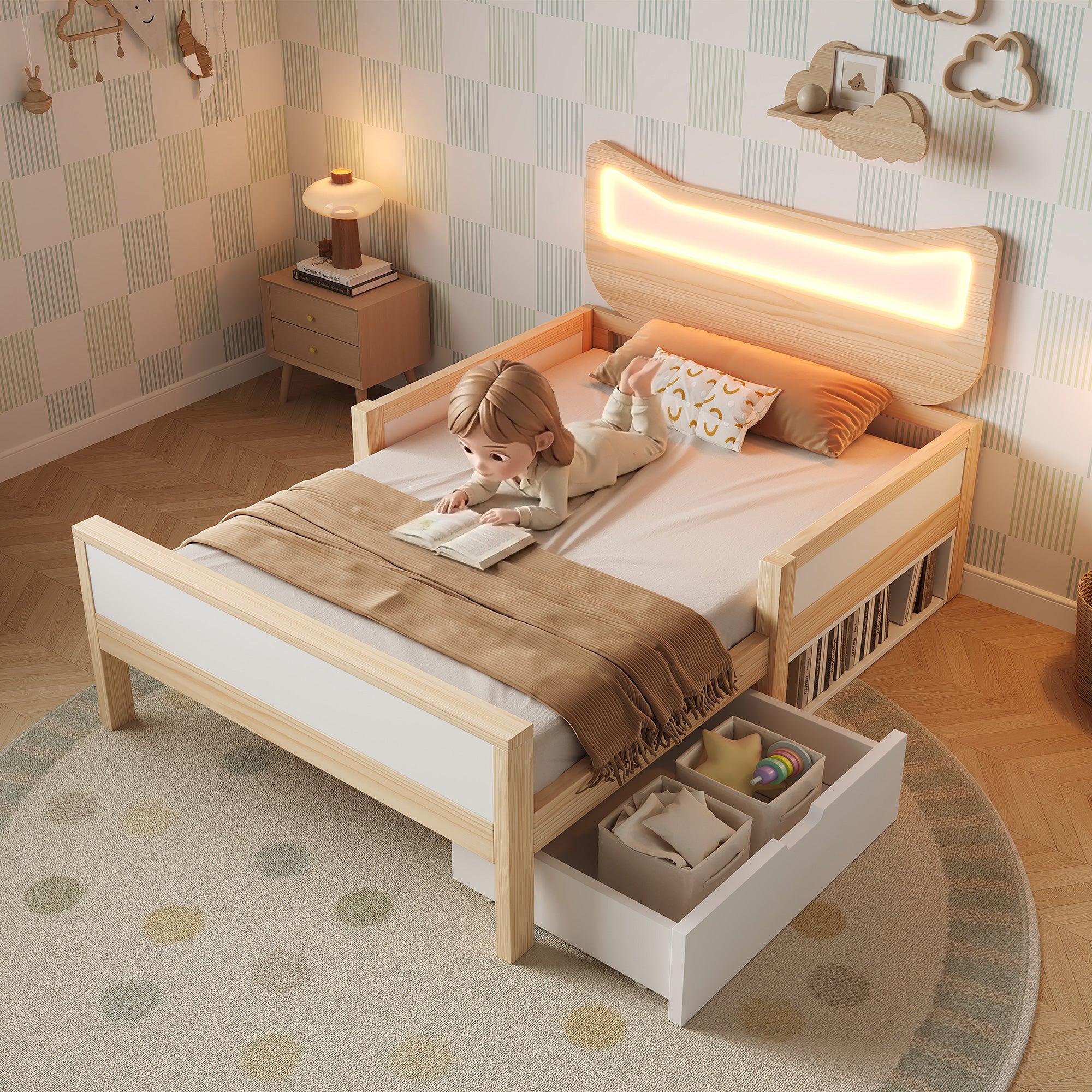 Children's Bed with Cat Ear Headboard, RGB LED Lighting, Drawer and Safety Rails, 90x200cm, White and Oak
