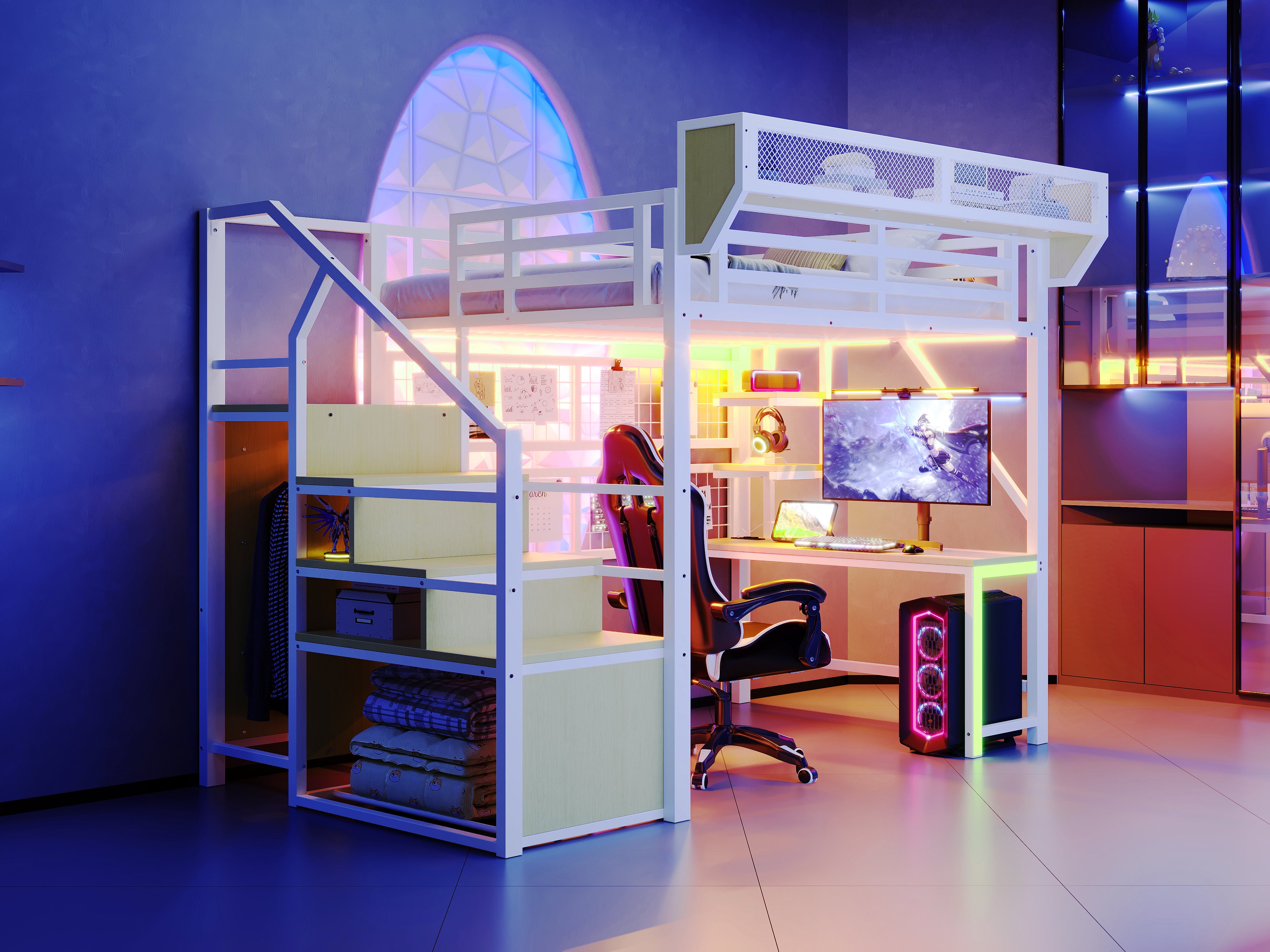 Metal Loft Bed with Desk, Shelf, Storage Net, LED and Socket, 140x200cm, White Metal