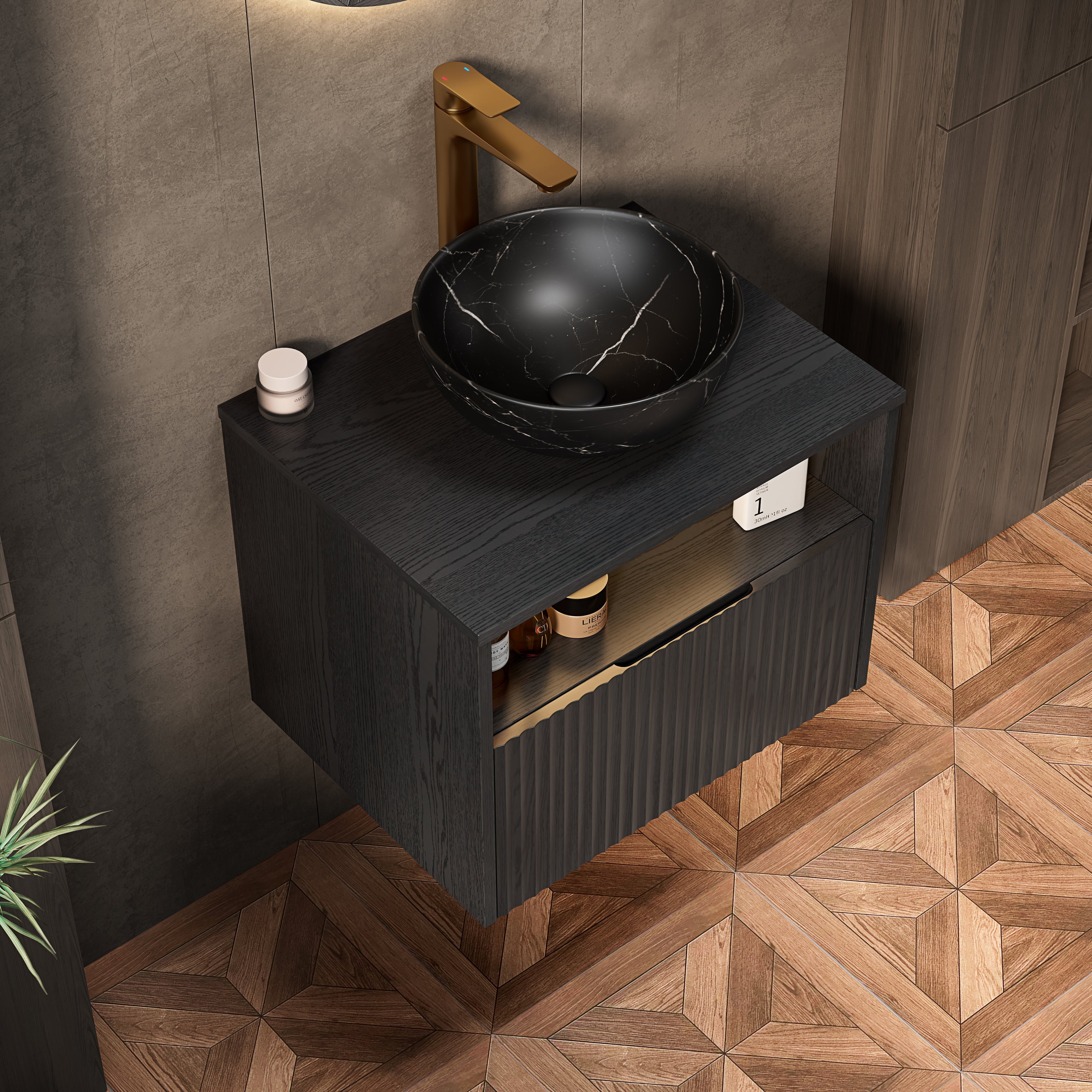 Floating Bathroom Washbasin with Ceramic Bowl and Sensor Light, 60cm Plywood Cabinet, Black