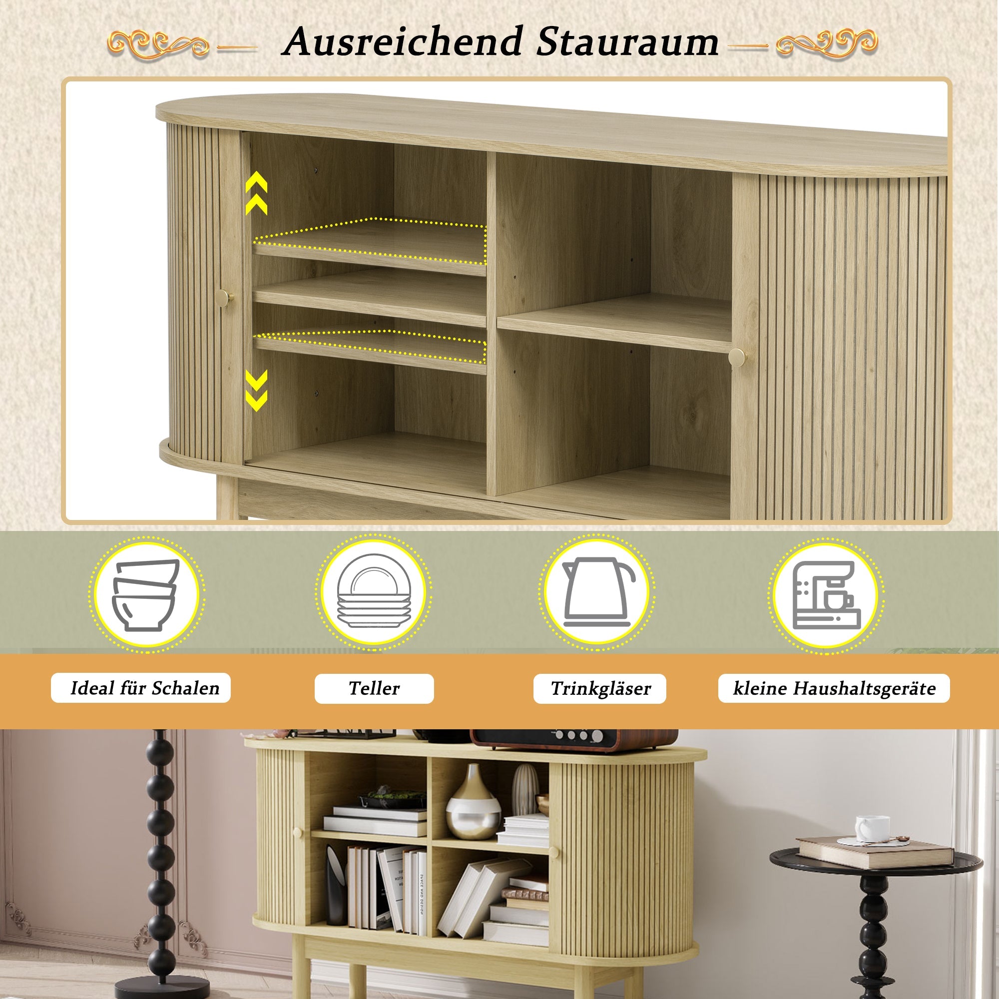 Sideboard, Retro Modern Slatted with Sliding Doors, 138cm Adjustable Shelves, Natural Wood