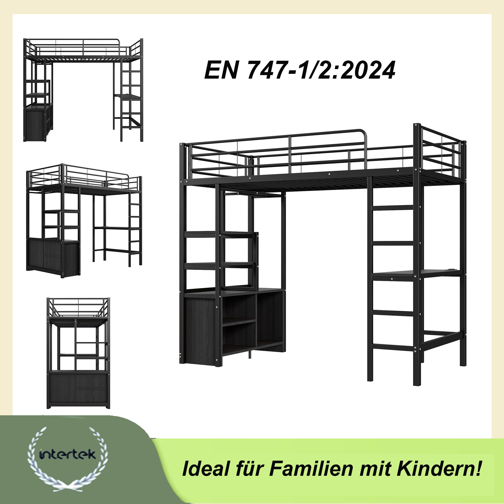 Loft Bed 90x200cm with Desk USB Charging Shelves Storage Ladder Black Iron