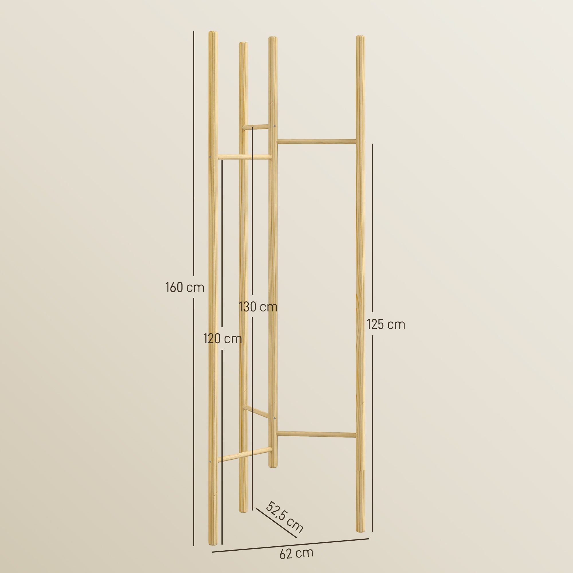Coat Rack, 6 Hanging Rods, Solid Wood, Natural