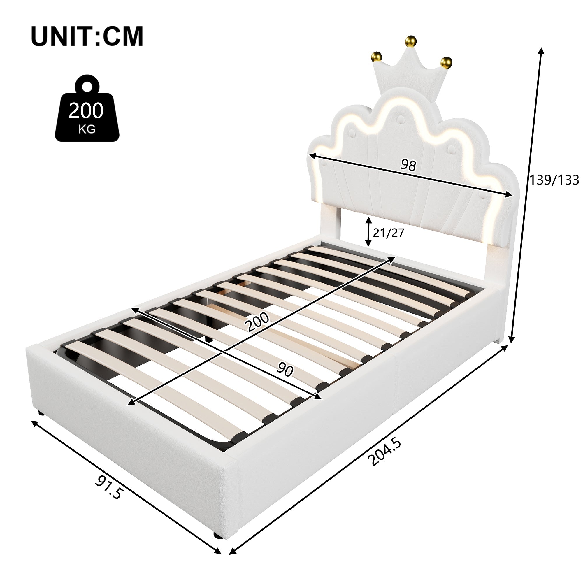 Upholstered Bed 90x200cm Hydraulic Storage LED Crown Adjustable Headboard - PU White