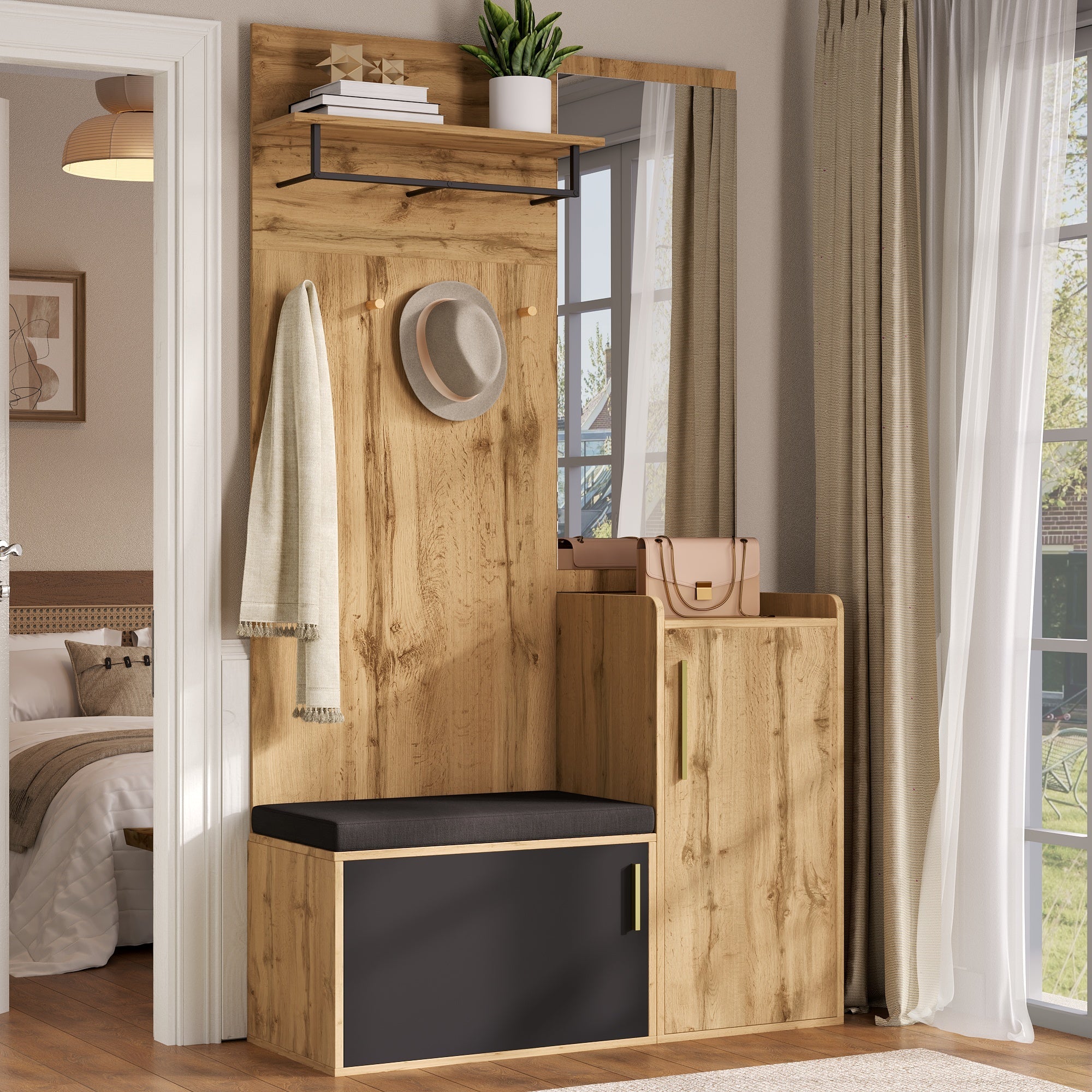Compact Wardrobe Set, Mirror Bench Shoe Cabinet Hooks, Wood Look