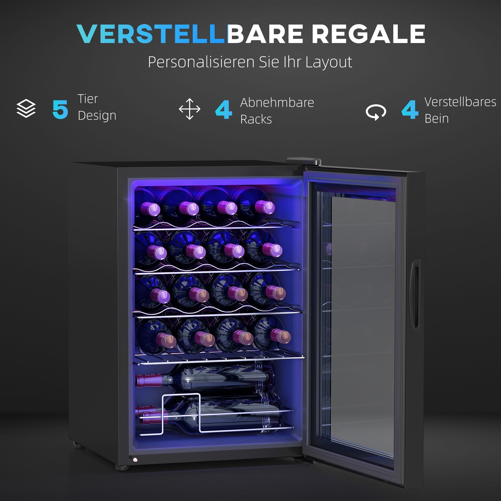 Wine Cooler 20 Bottle 53L 5-18°C Compressor Anti-UV LED Touch Screen, Black