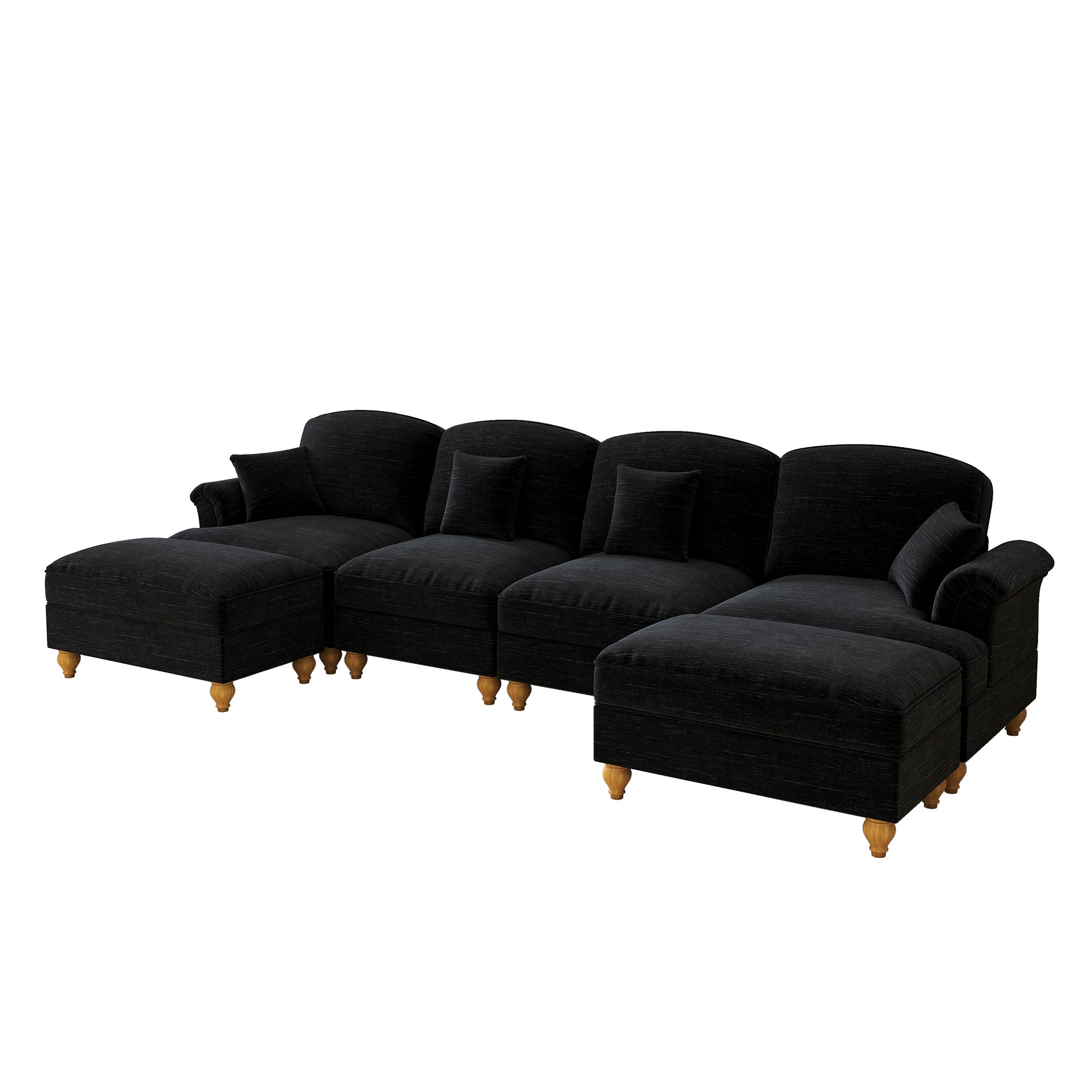 Classic U-shaped Modular Sofa 4-Seater Movable Ottoman Removable Apron - Chenille Black