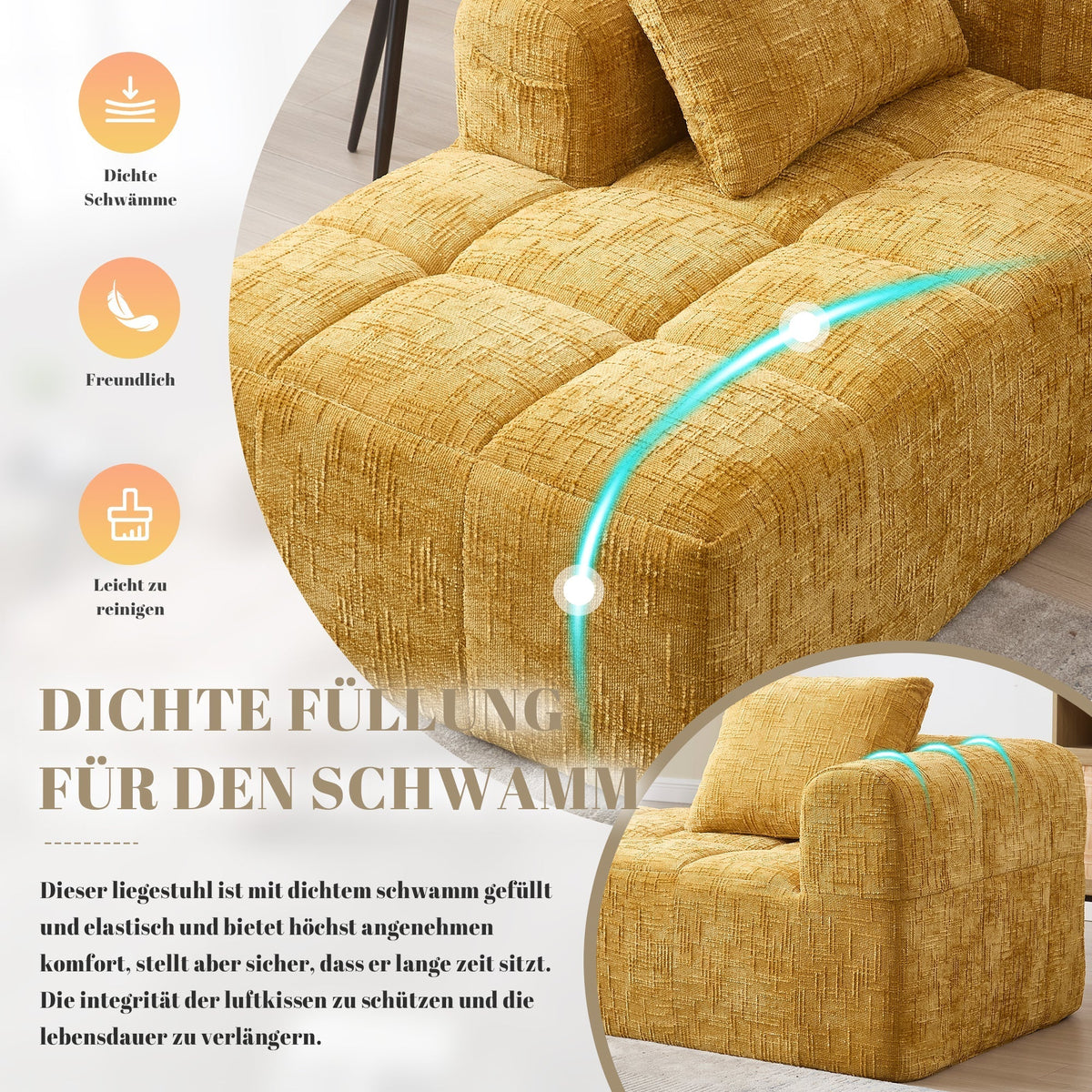 Chaise Longue Sofa, Soft with Side Pockets, No Assembly, Yellow
