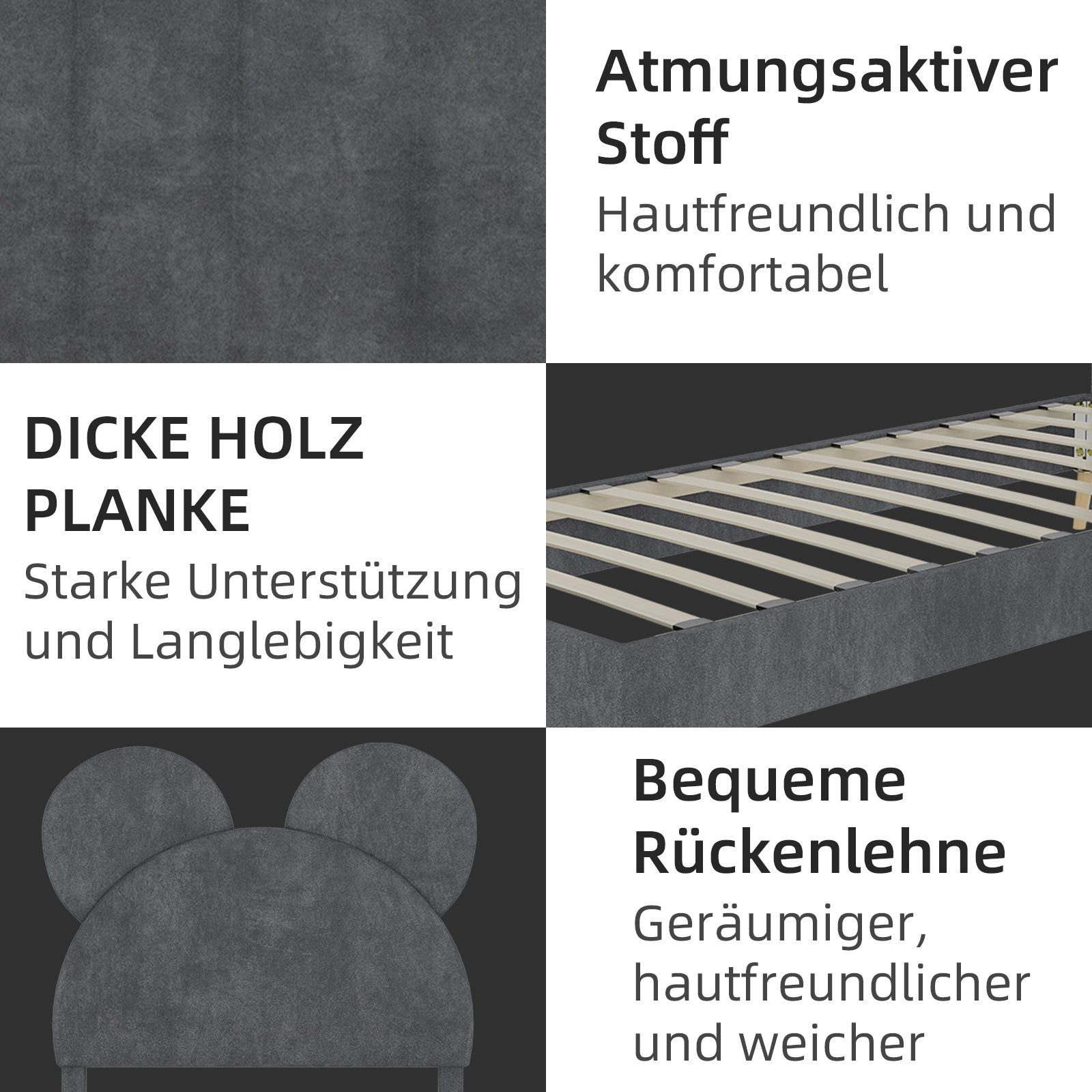 Bed, Upholstered with Cartoon Headboard, Low-Profile Non-Storage, Grey