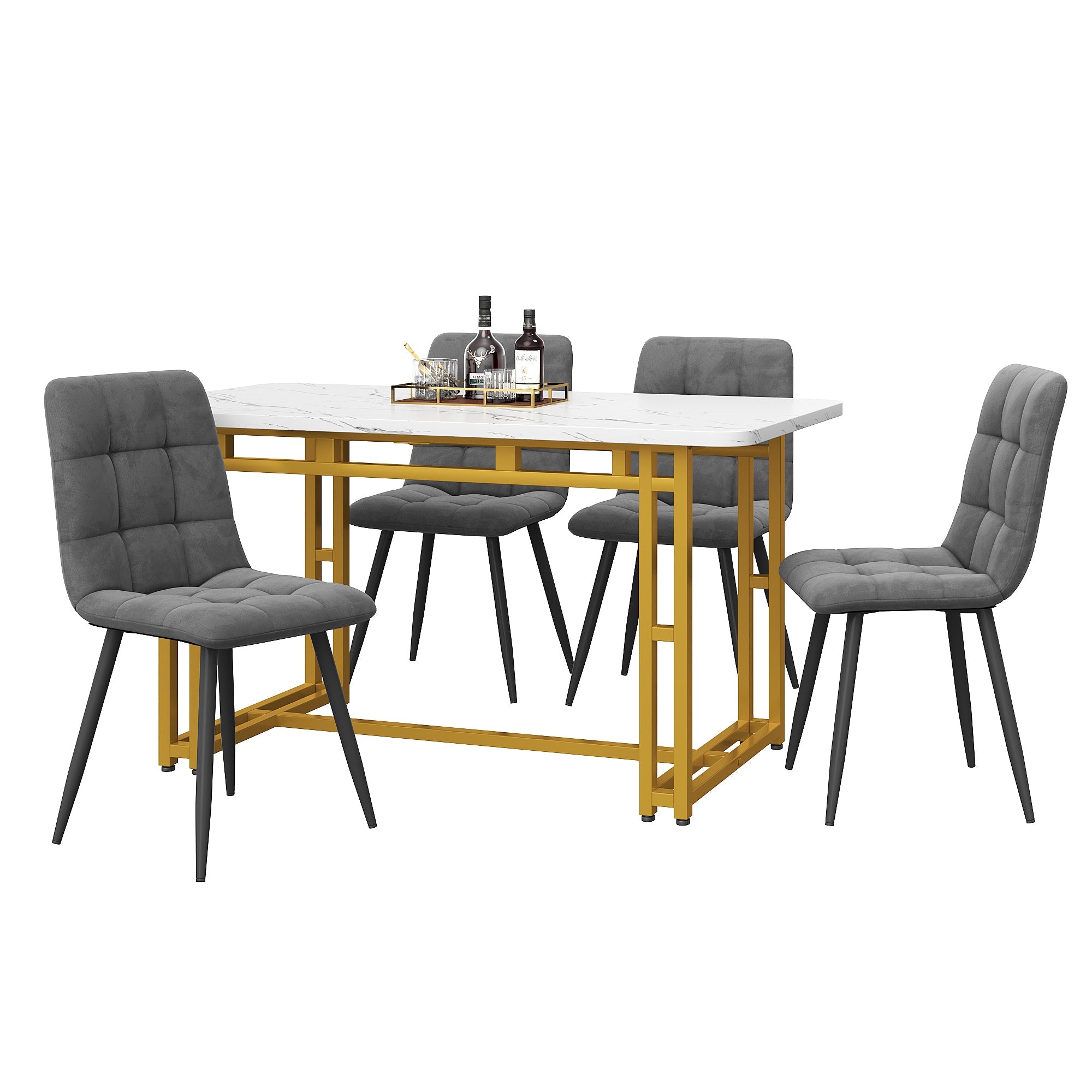 Dining Table Set 5-Piece 120x70cm Modern Golden Iron Leg Dark Grey Velvet