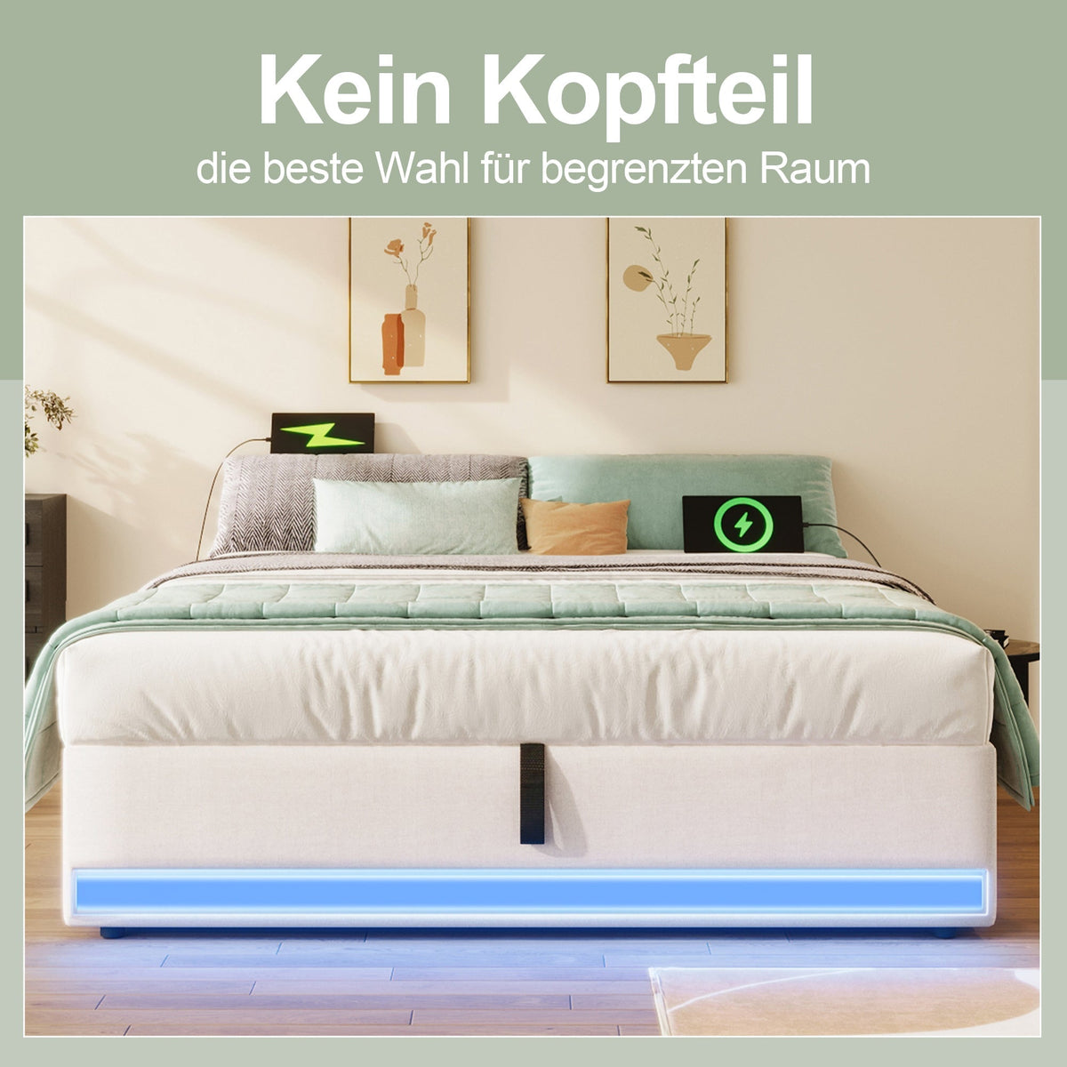 Upholstered Bed 140x200cm Hydraulic Storage LED USB/Type-C Pockets - Beige