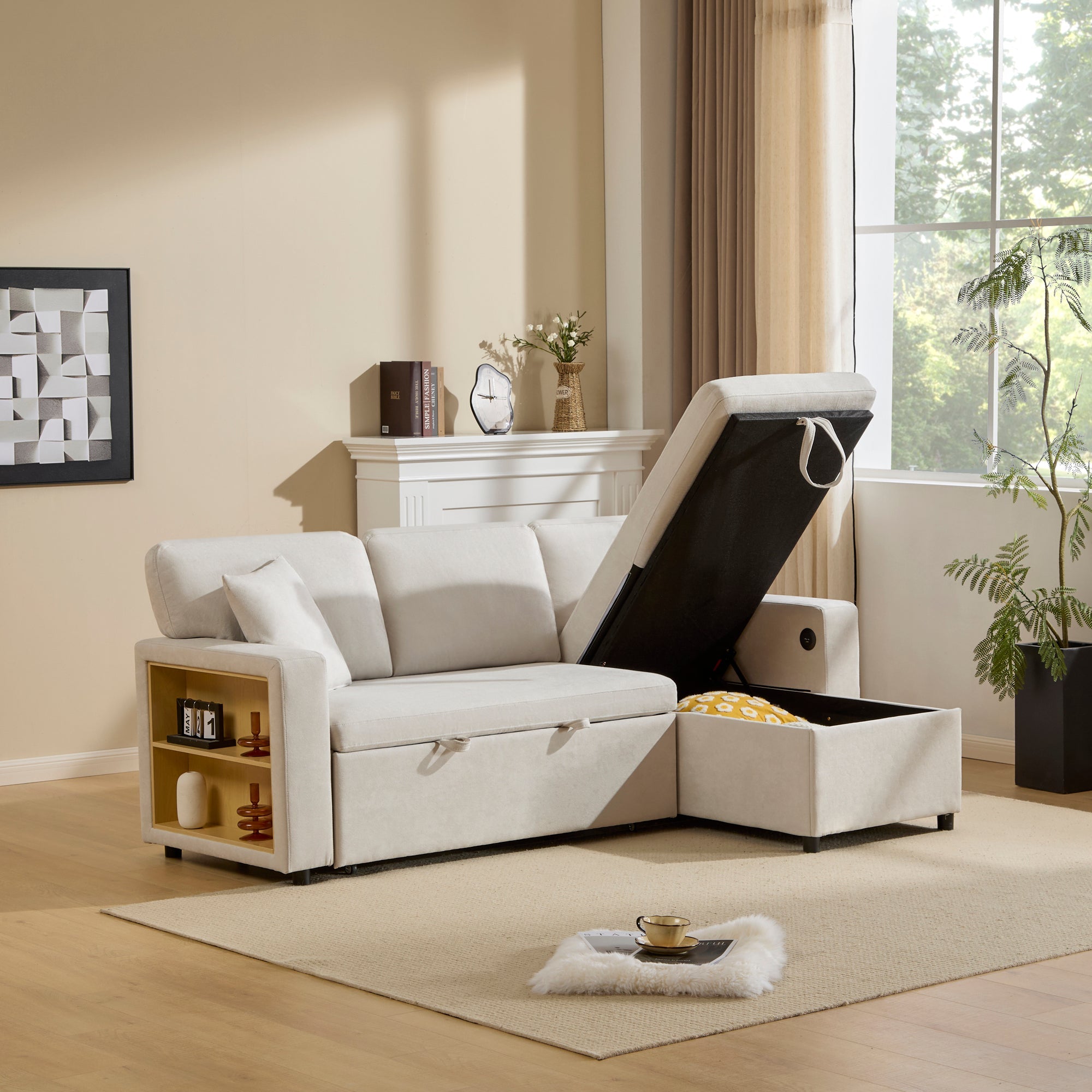 Corner Sofa Bed L-Shape Extendable Storage & Shelf - Beige