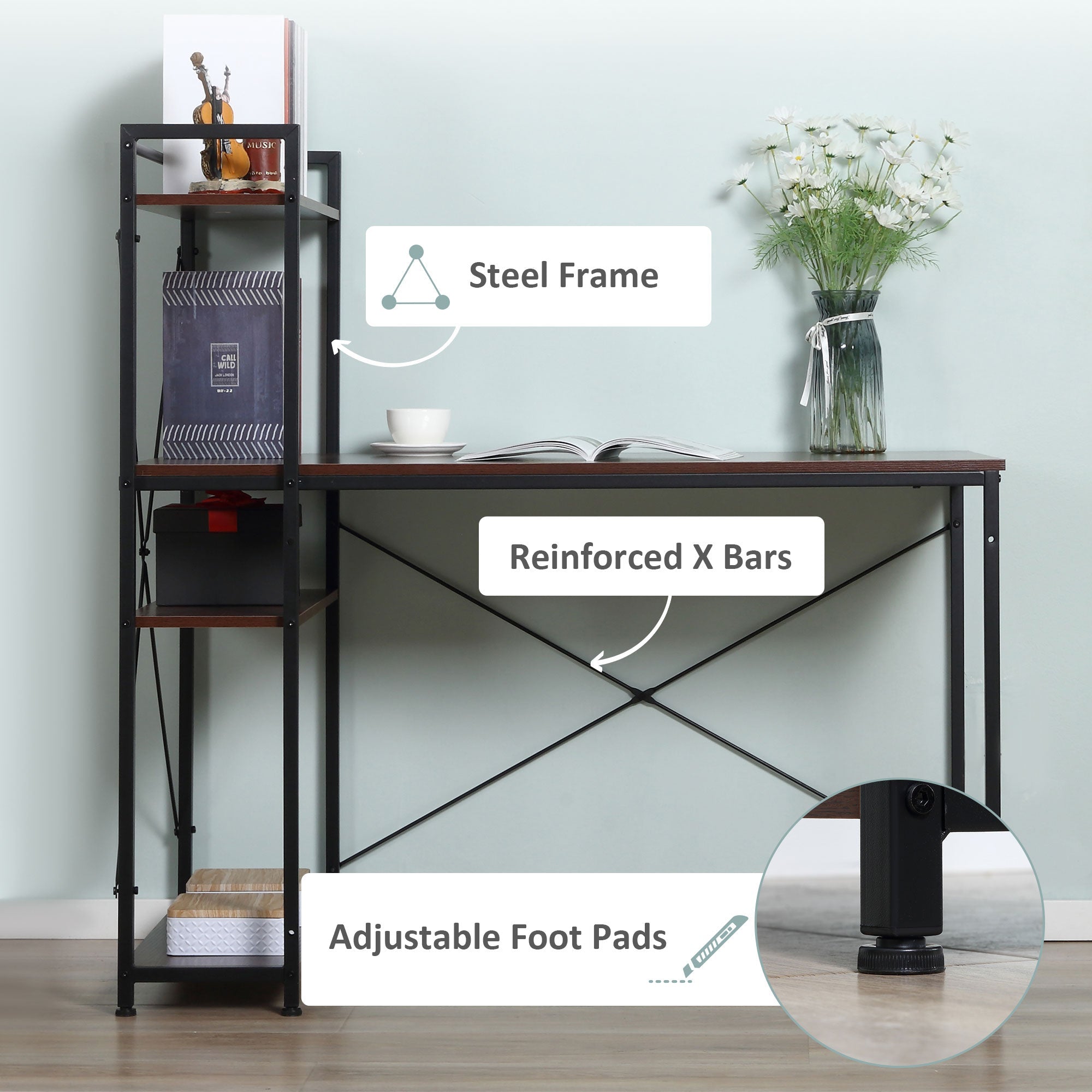 Computer Desk with Storage Shelves Reversible Industrial Style, Walnut and Black