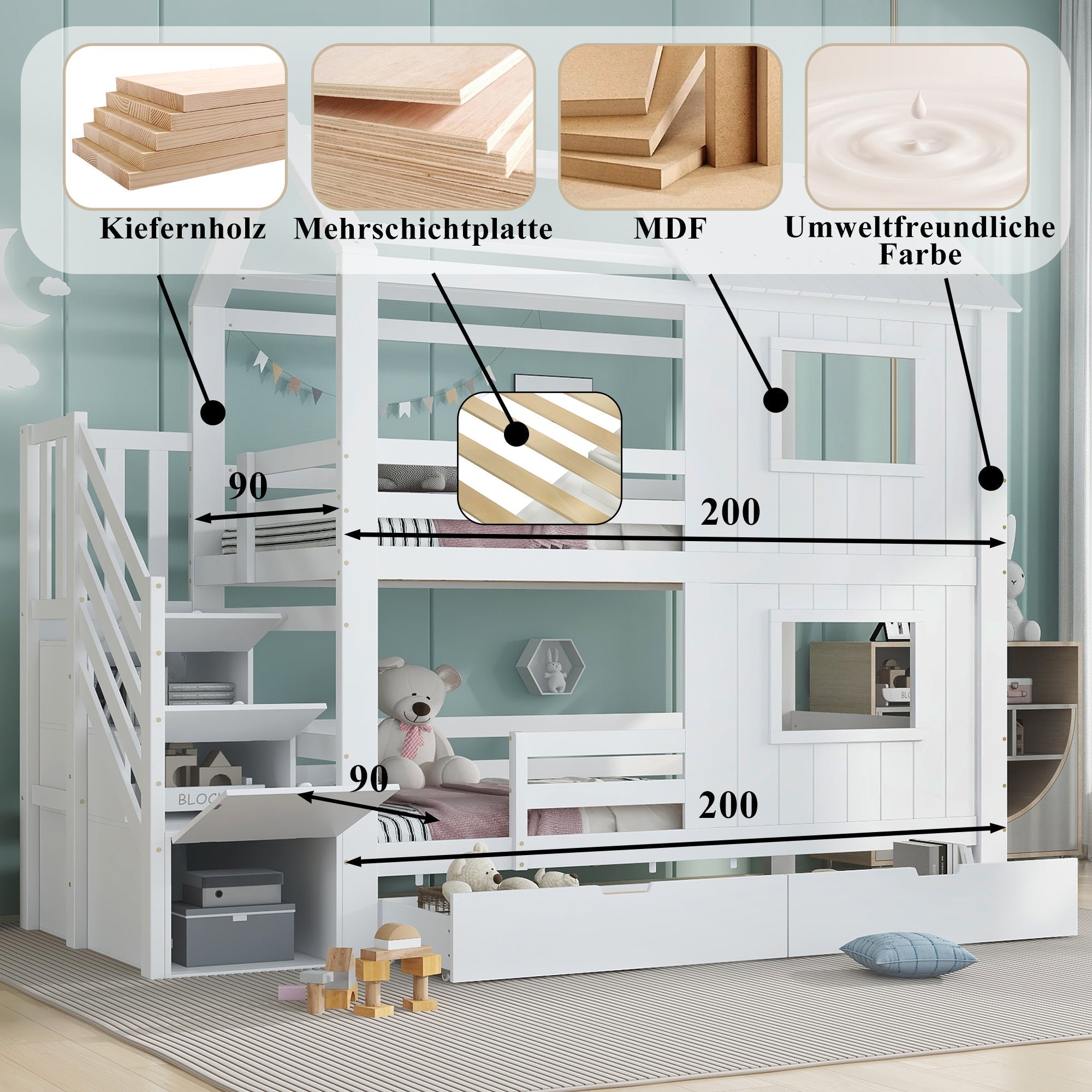 Bunk Bed with Stair Wardrobe, Storage, Window/Roof, 90x200cm, Pine/MDF/Plywood White