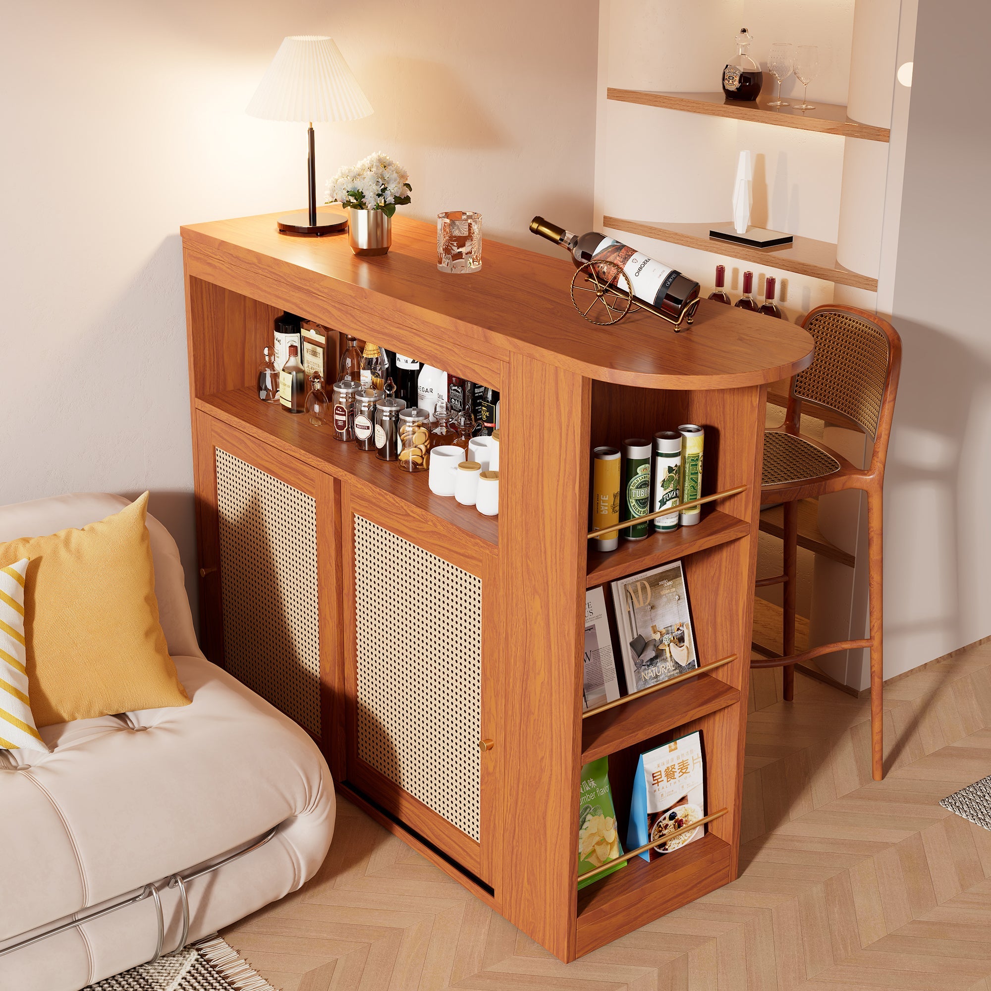 Extendable Bar Table, Adjustable Shelves Rattan Weave