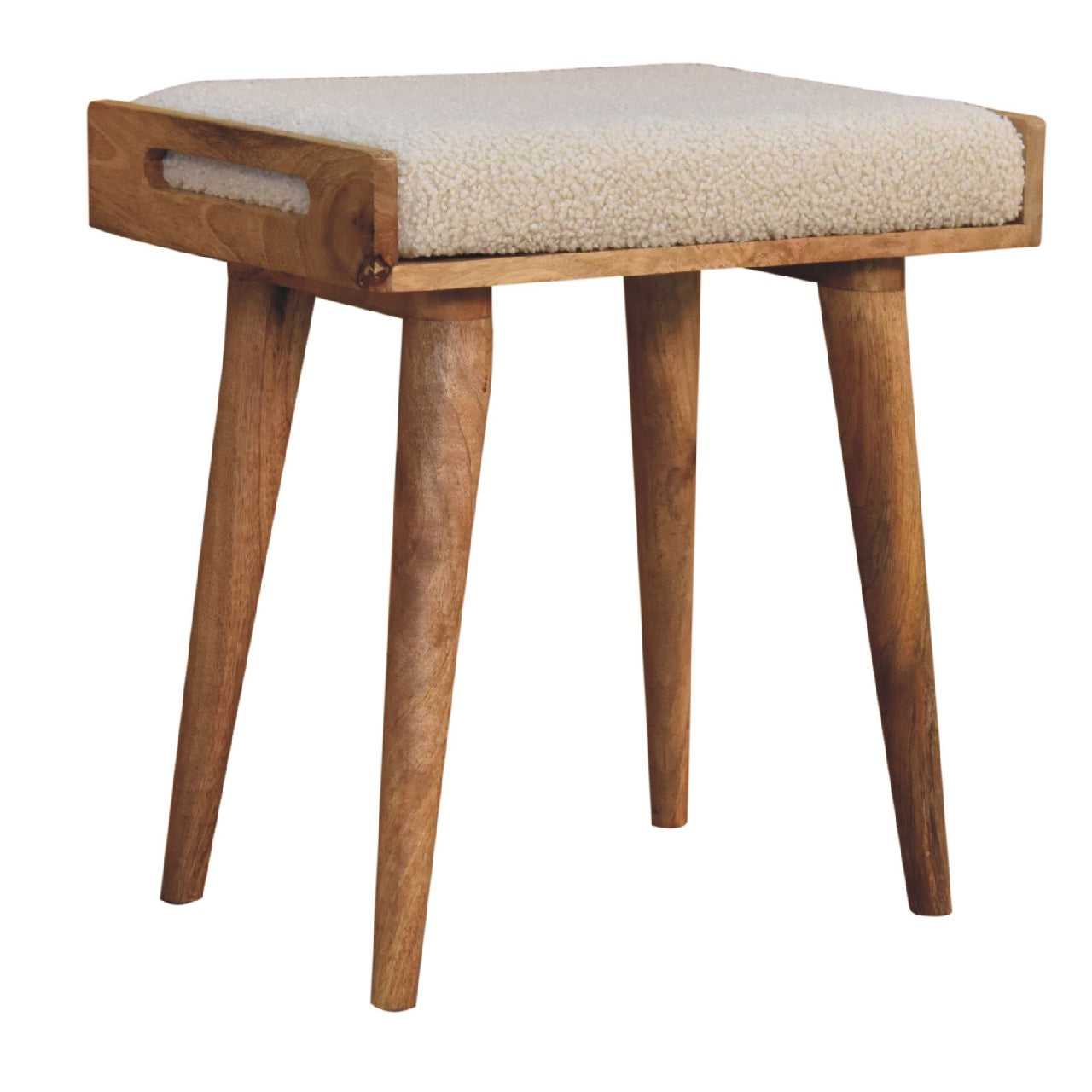 Solid Wood Footstool, Upholstered Tray Style Nordic Legs, Boucle Cream/Beige and Brown