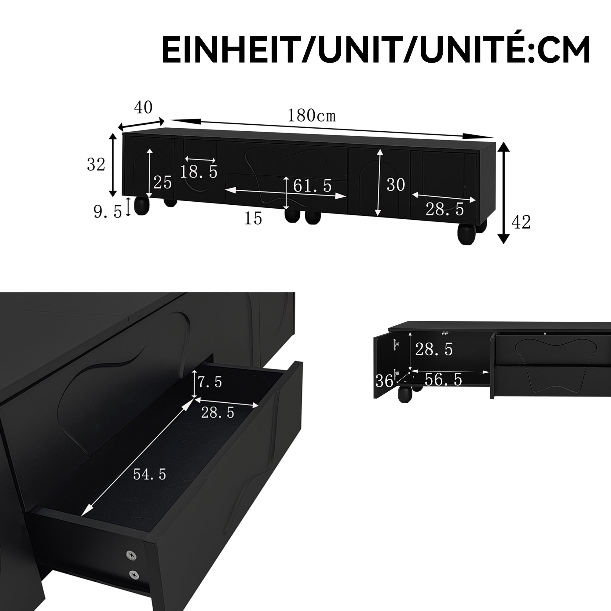 TV Cabinet, 180cm Minimalist Elegant Storage, Black Wooden