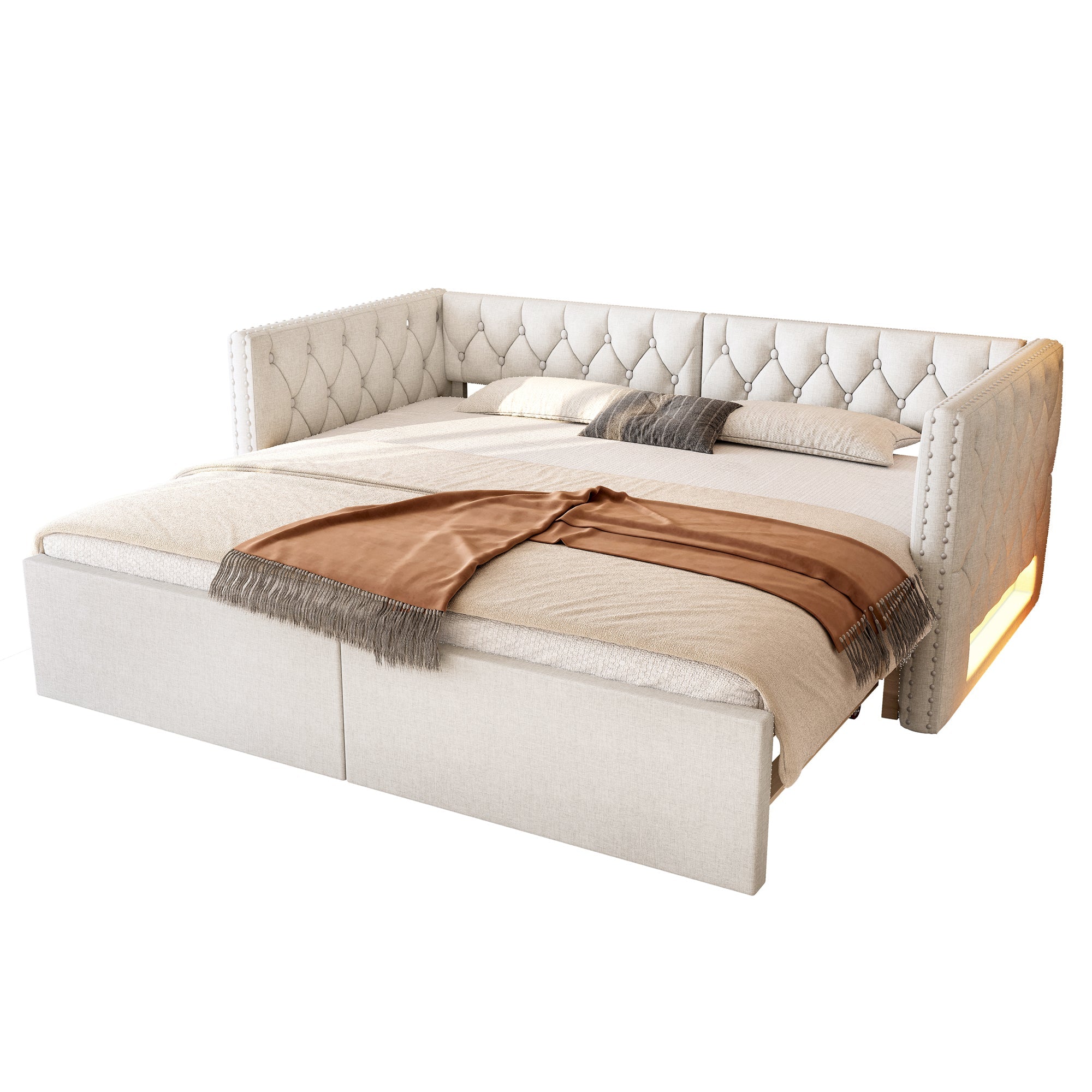 Extendable Daybed 90x200-180x200 Upholstered LED - Beige