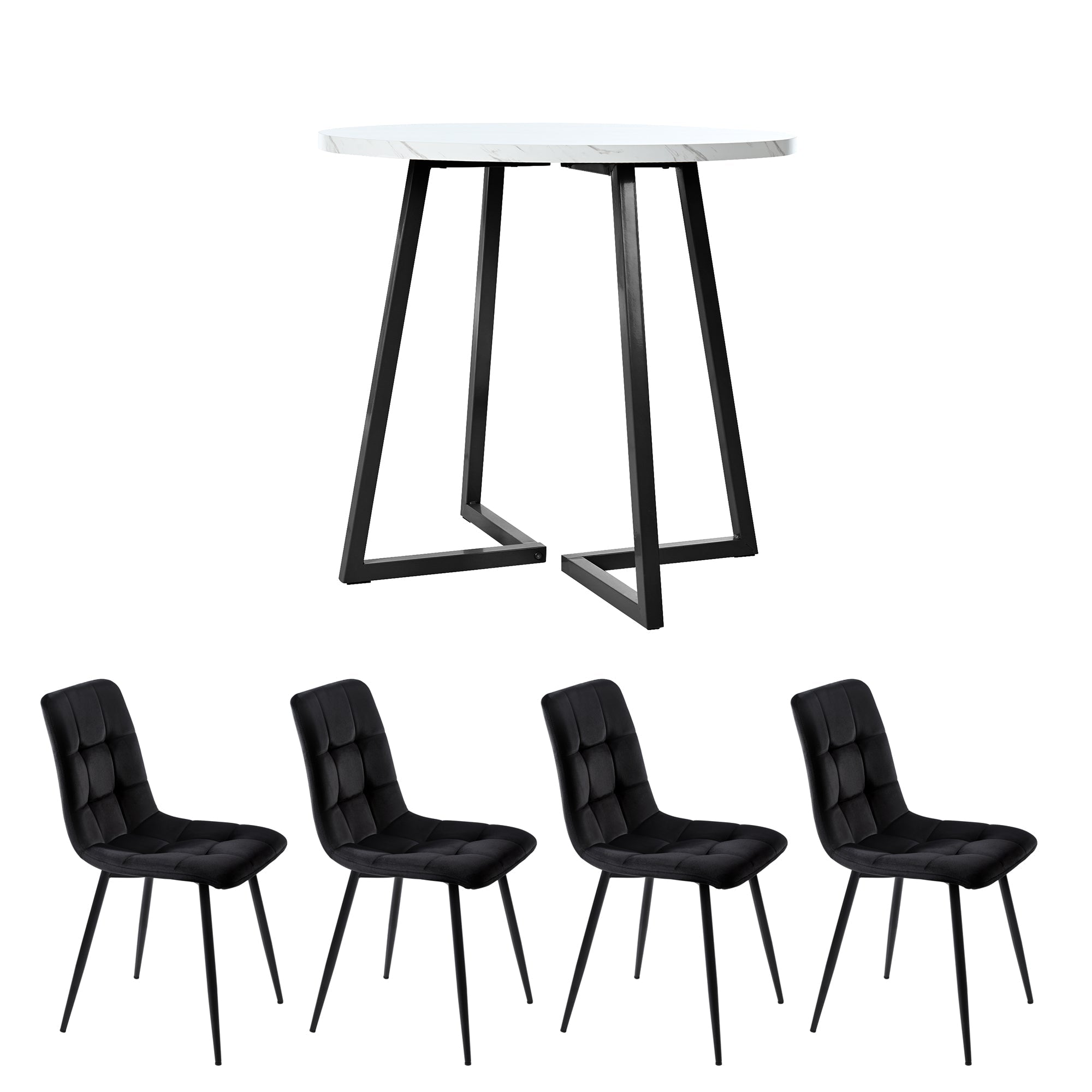 Dining Set 5-Piece Round Table Black Metal White MDF Black Velvet