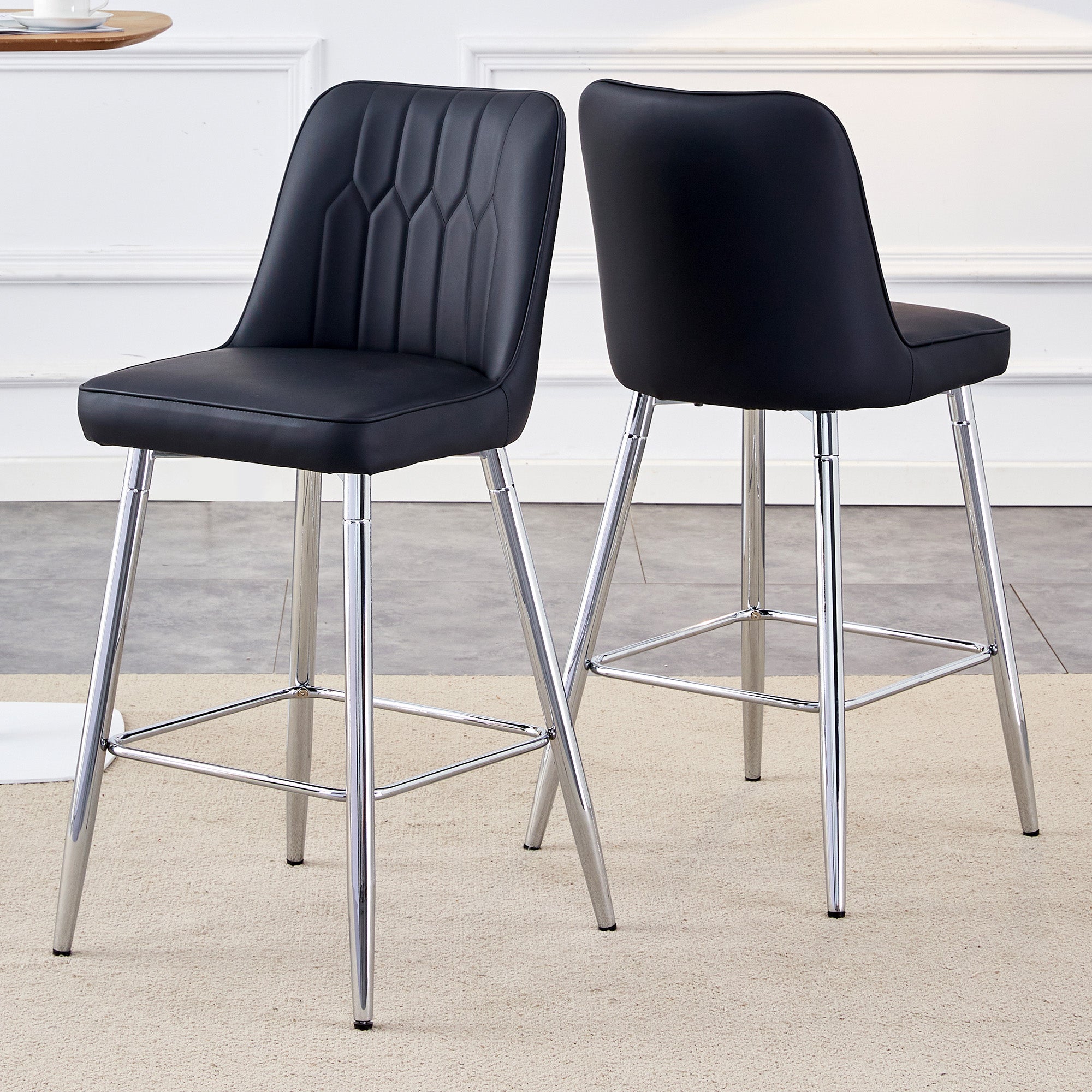 Set of 2 Bar Stools 100cm High Footrest Silver Metal Frame - Black PU Leather