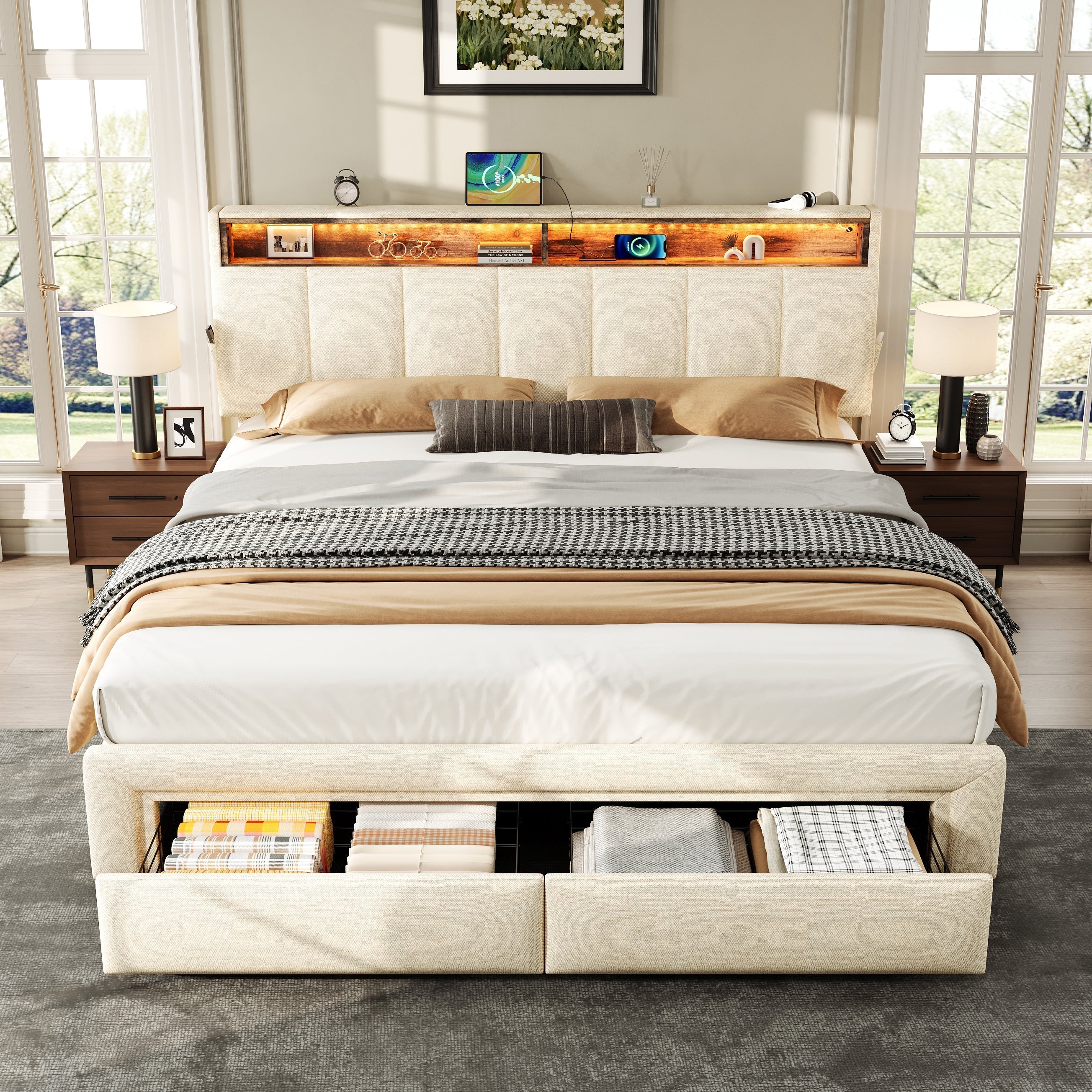 5ft King Upholstered Bed Frame, Hydraulic & Drawers Storage, LED Adjustable Headboard, Linen Beige