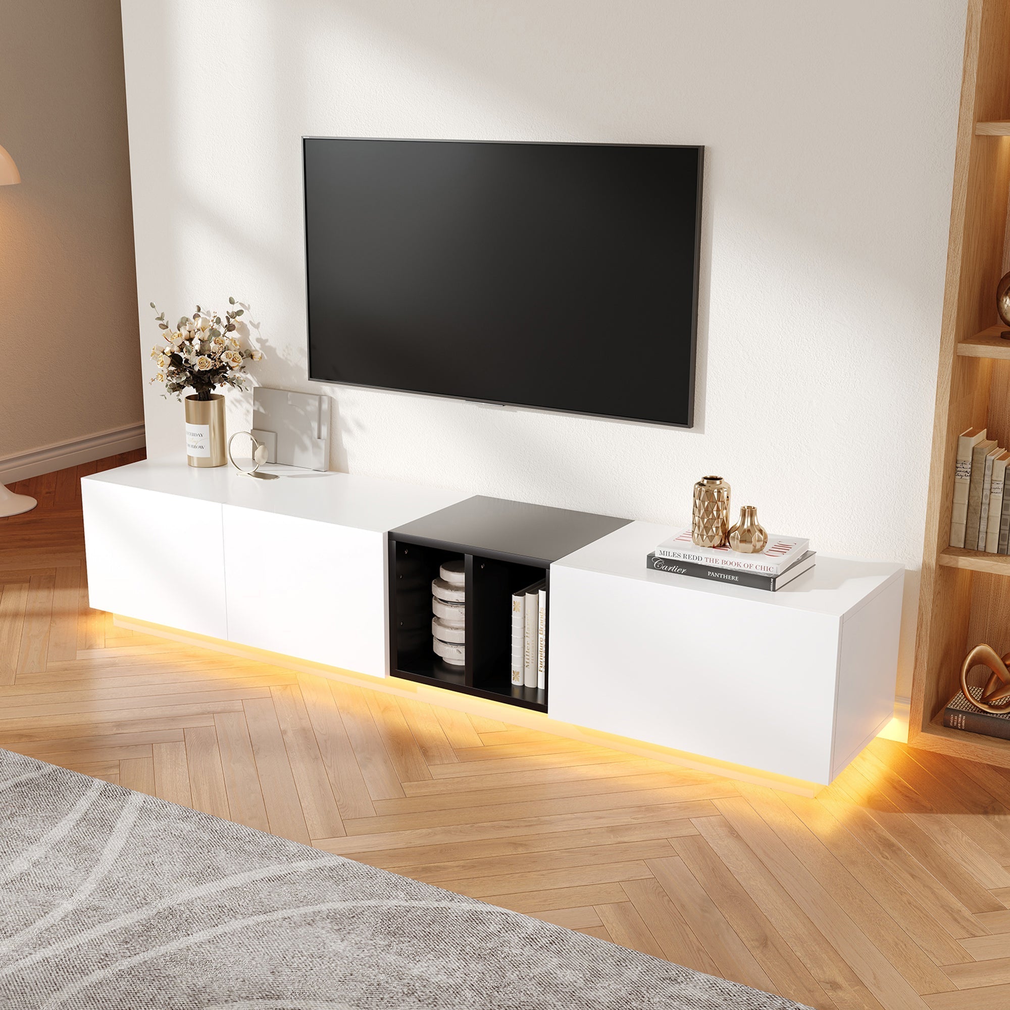 Modern TV Cabinet Drawers & Open Compartments - Black/White Contrast