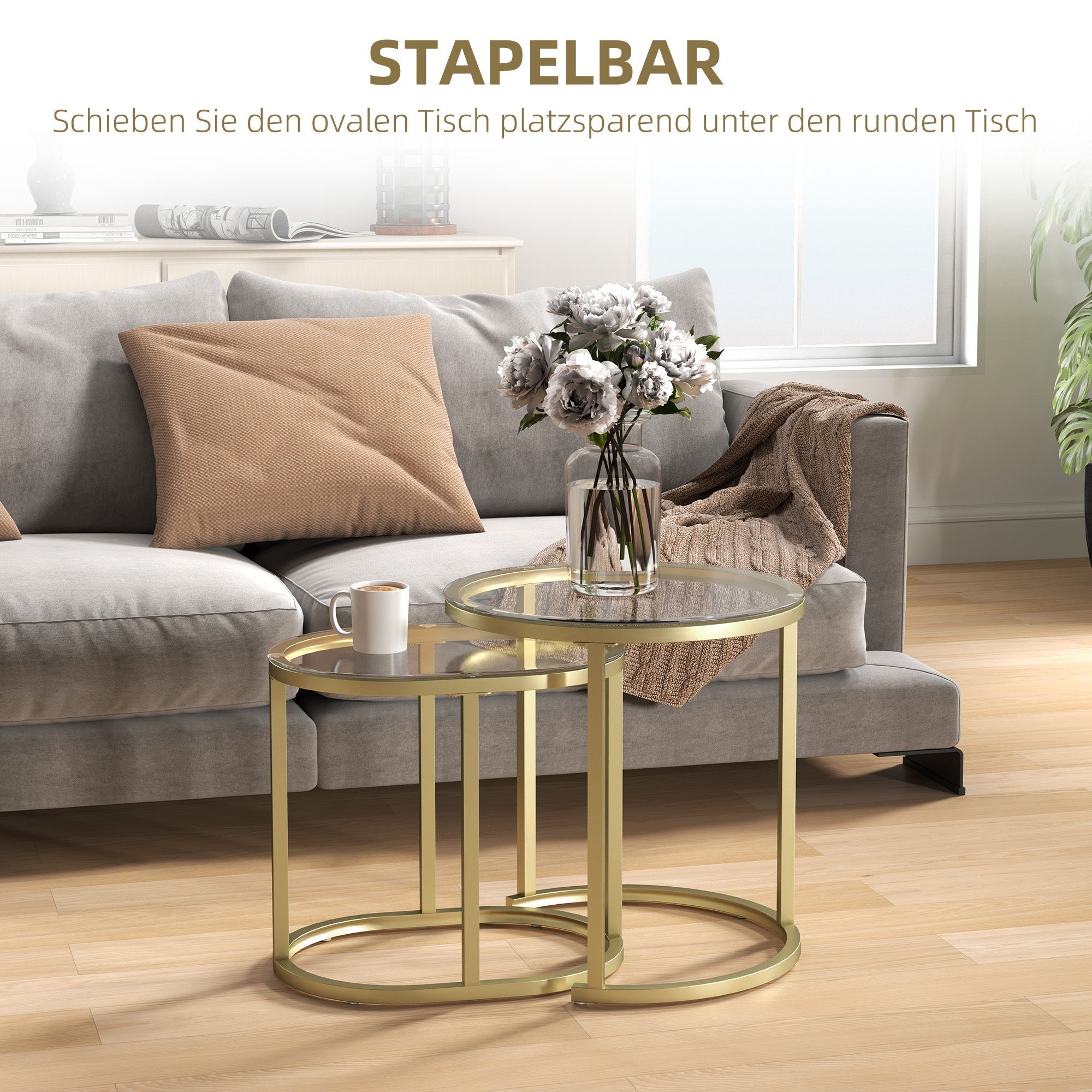 Round coffee table set of 2, stackable side table with steel frame, gold