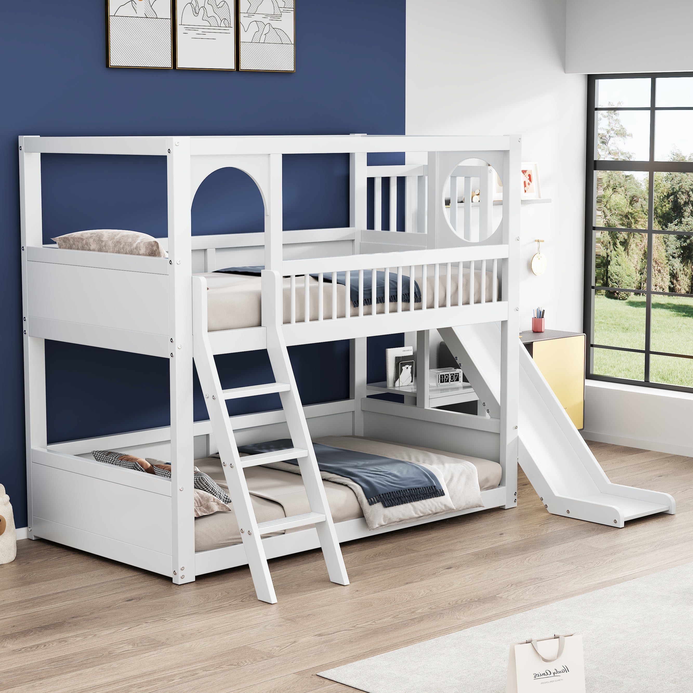 Children's Bunk Bed 90x200cm Double with Slide & Shelves - White