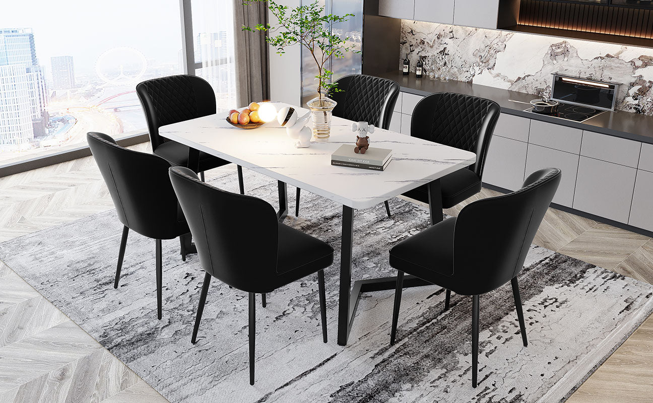 Velvet Dining Chair, Button Tufted with Solid Wood Legs & Knocker Ring (Set of 6), Black