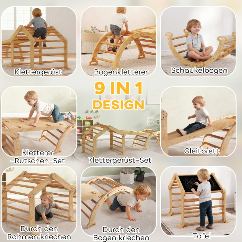 Indoor Climbing Frame 9-in-1 Ramp Slide Chalkboard - Wood