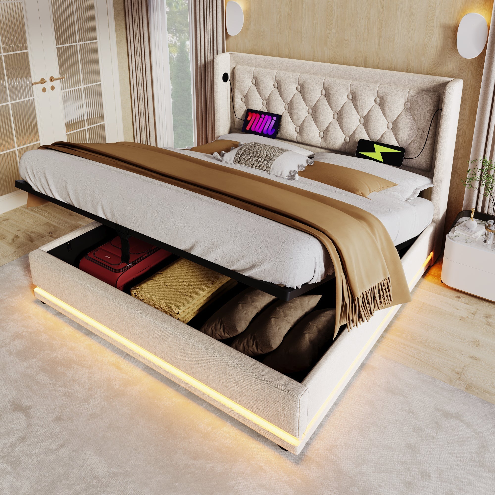 Upholstered Bed, 160x200cm Hydraulic Storage with USB & LED, Beige Cotton