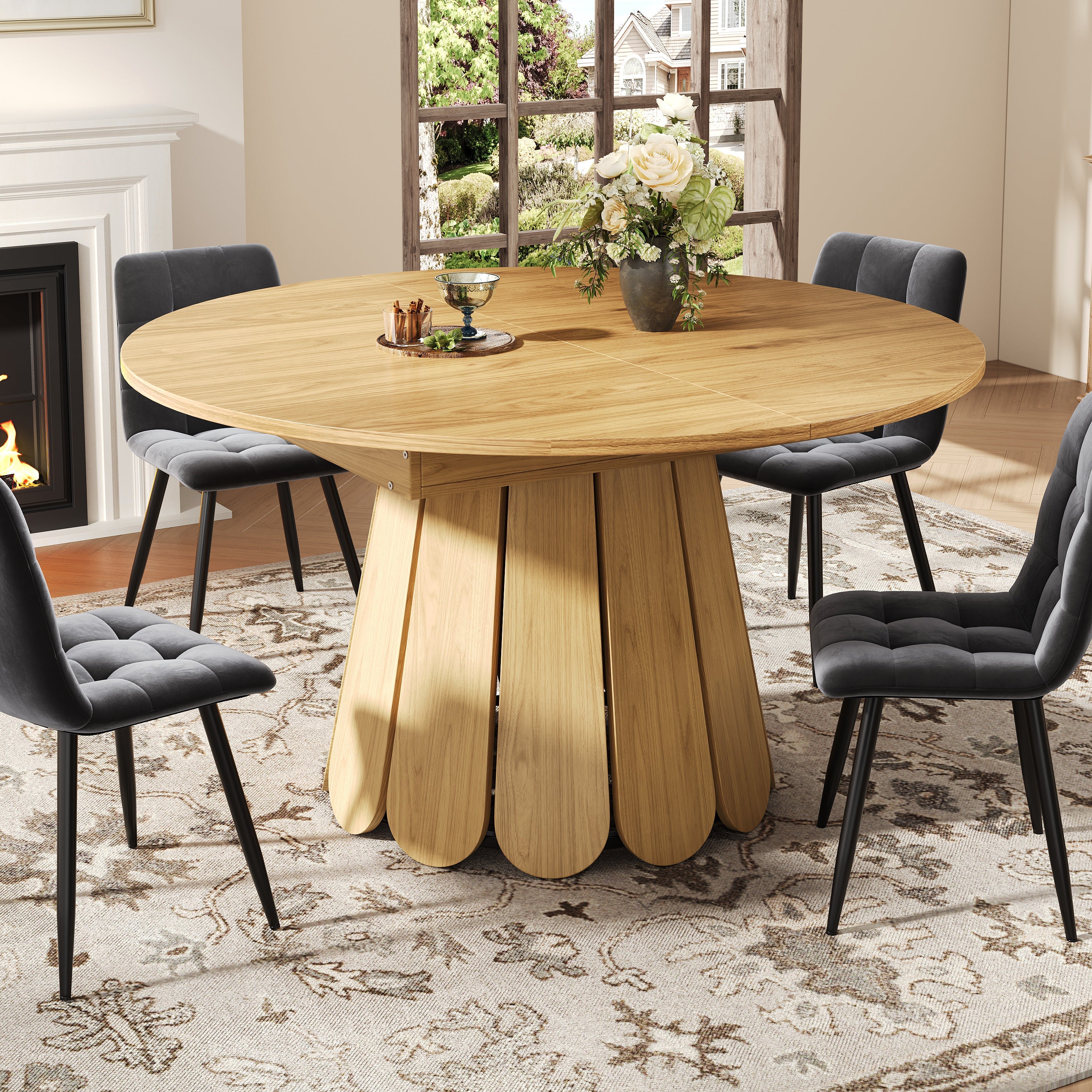 Extendable Round Dining Table 118-158cm Extends to Oval 6 Seater - Wood Color