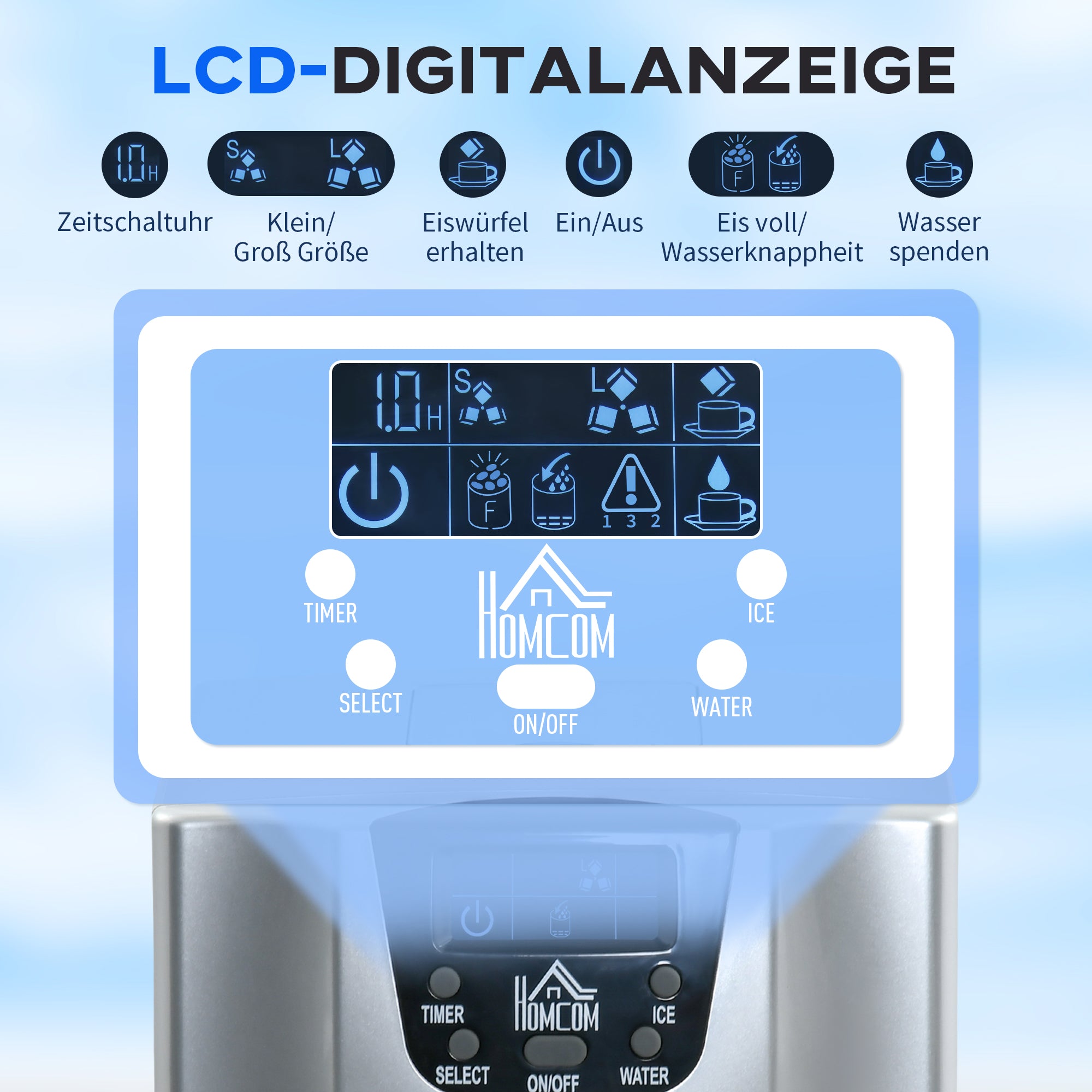 Ice cube machine, 9 ice cubes in 6-10 minutes, 12 kg/24 h, 2 L water tank, self-cleaning function, LCD display, silver
